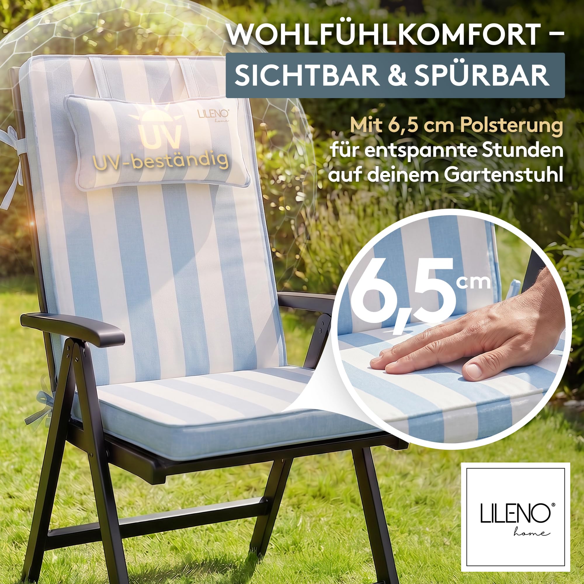 LILENO HOME Gartenstuhl Auflagen mit Kopfkissen [2er Set - Hochlehner] in Blockstreifen Aqua - Sitzauflagen für Gartenmöbel - Stuhlkissen für Gartenstühle und Klappstühle Dub