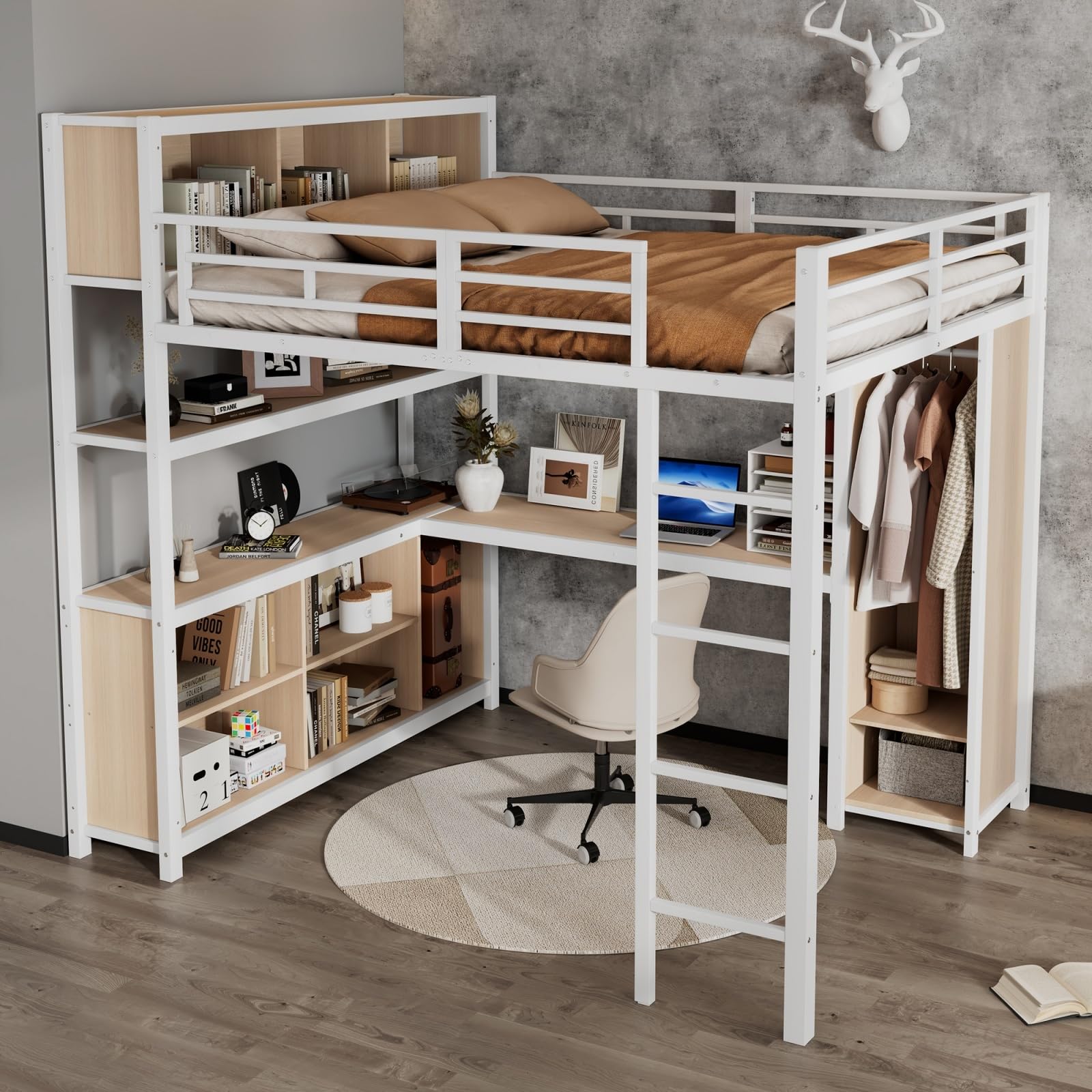 Sweiko Lit Mezzanine 140 x 200 cm avec Armoire, Cadre de Lit Métal avec Bureau et étagère, Matelas Non Compris (White, 140cm*200cm)