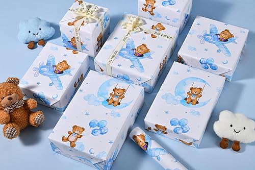 Miniatura 2 de Sikiweiter Papel de regalo para baby shower, 17 x 16.4 pies, rollo de regalo de oso de peluche para regalos de baby shower de niño (oso de bebé)