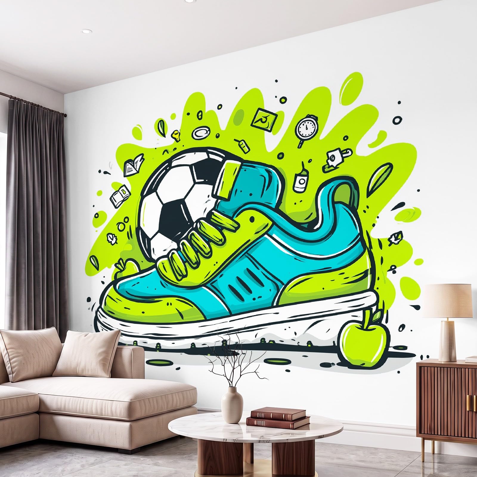 Art Fototapete Graffiti Sport Fototapete 350 x 256 cm Vlies Tapeten Fußball Sneaker Wandtapete Wohnzimmer Schlafzimmer Wohnzimmer Wand tapete Wandbilder Wand