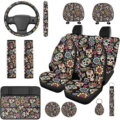 Sugar Skull 14 Pack Car Seat Covers Full Set Steering Wheel Cover Seat Belt Cover Keychain Holder Armrest Cushion Protector Universal Fit for Vehicles,Cars,Suvs,Vans,Sedans