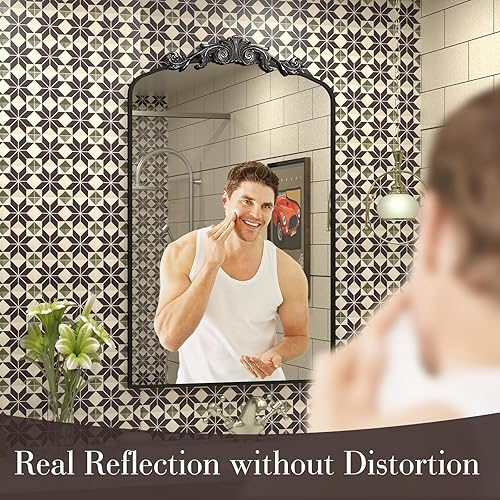 Miniatura 10 de Espejo vintage ornamentado de 20 x 32 pulgadas, espejo antiguo arqueado dorado para pared, inspirado en barroco, marco de metal, antioxidante y