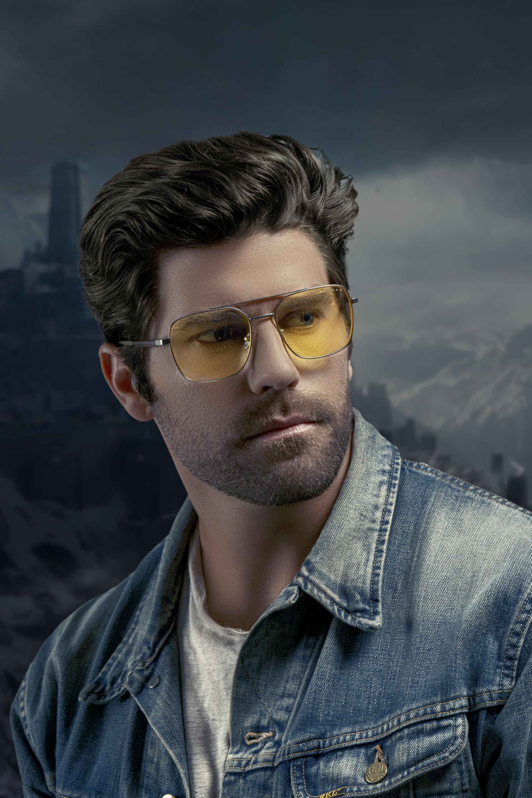 GUNNAR The Witcher White Wolf Lunettes d'ordinateur et de jeu avec lentille ambrée, cadre en acier inoxydable avec branches en cuir, lunettes à lumière bleue avec protection UV et