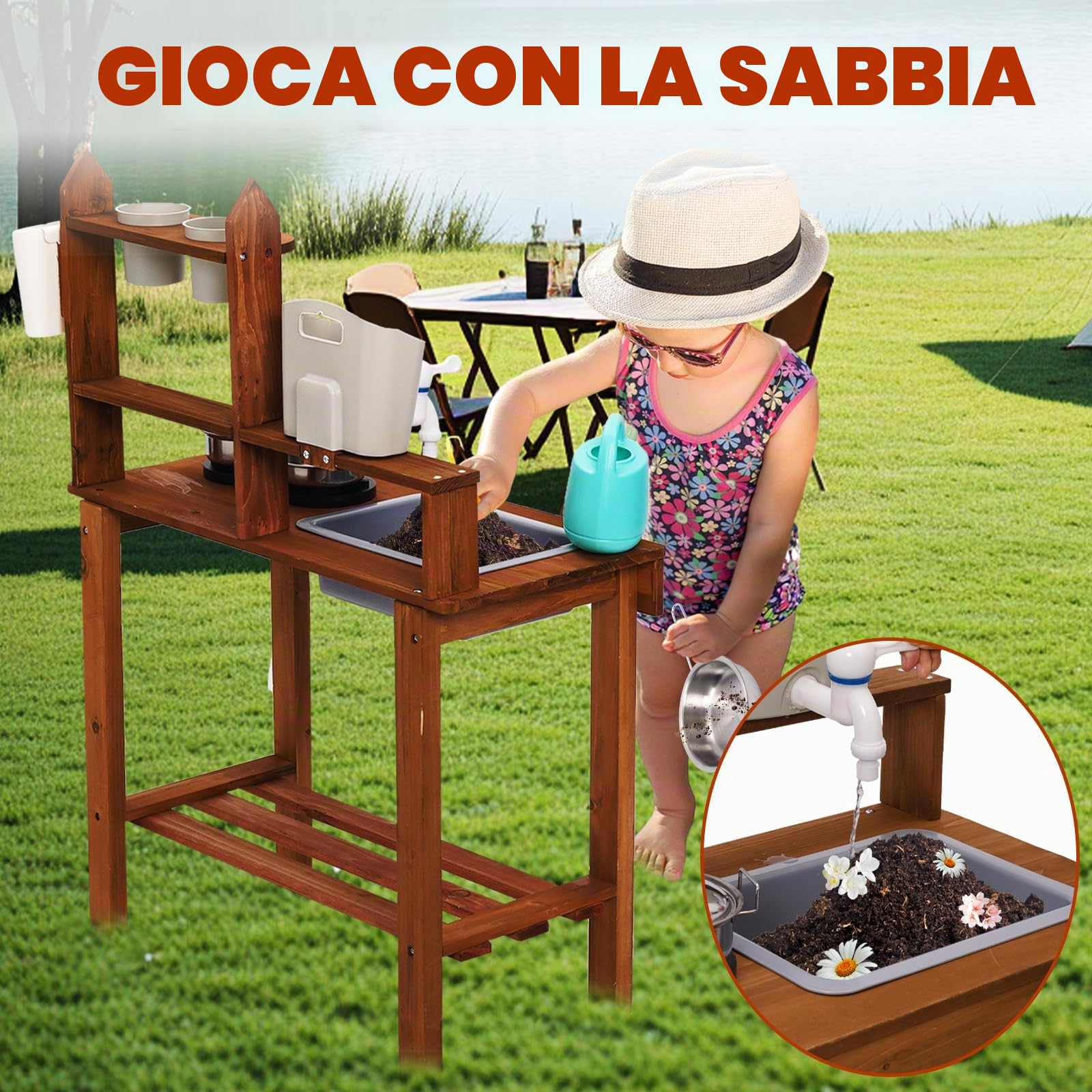 Cucina Giocattolo per Bambini in Legno,Cucina Completa con con Lavello Rimovibile,Rubinetto,Accessori da Cucina,Fornello- Set Montessori Cucina da Esterno per Bambini e Bambine dai 3 anni in su