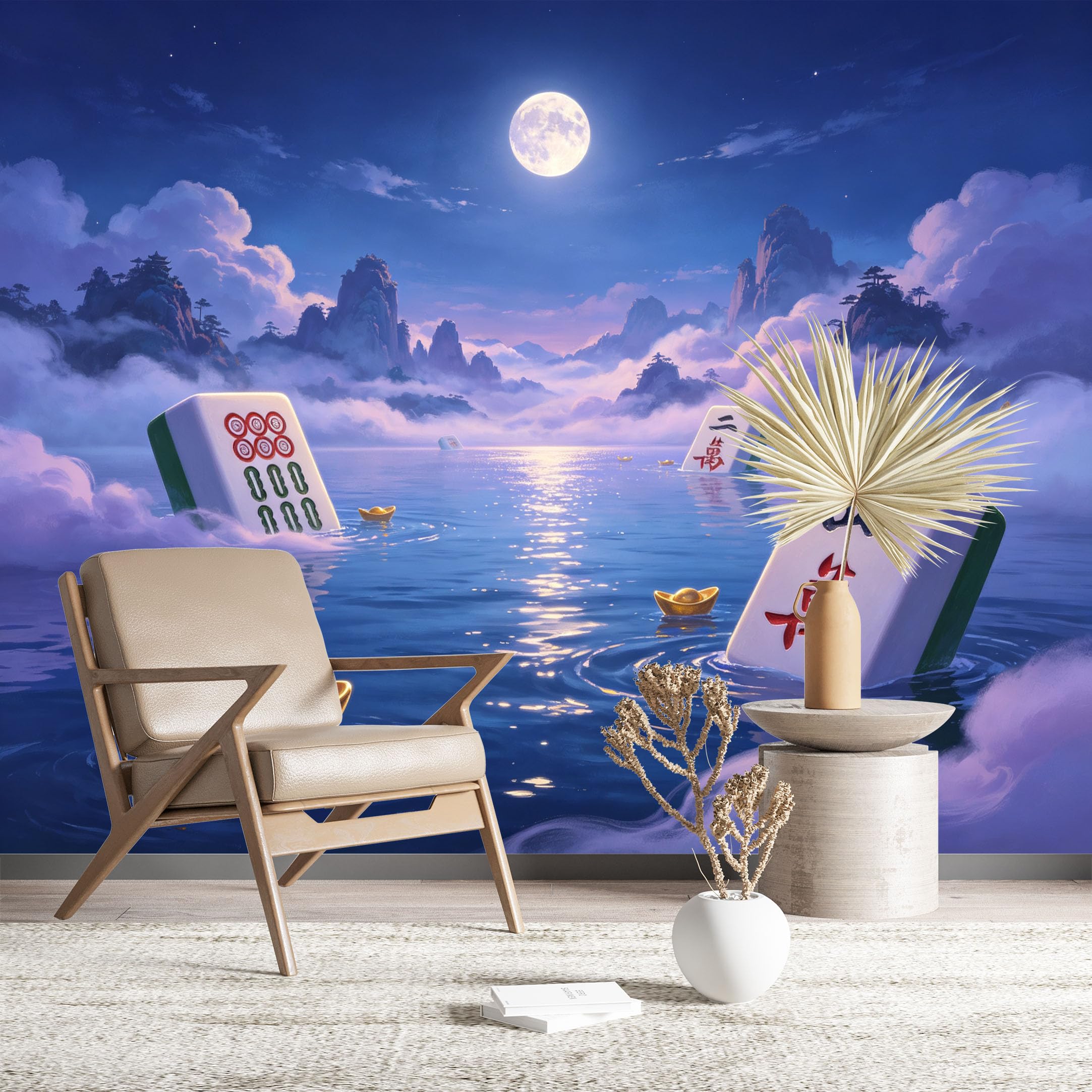Custom Size Wall Murals Mahjong and Gold Ingot Scene Wall Murals Game Wallpaper HD Self-Adhesive Removable Wallpaper for Living Room Home Decor