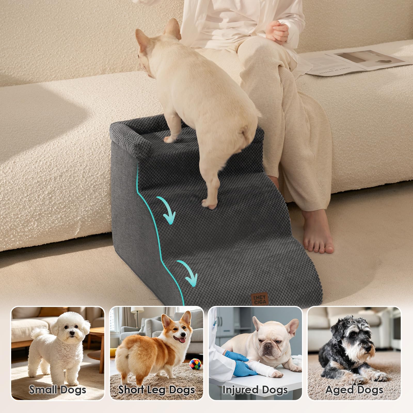 EHEYCIGA Escalera Perros 3 Peldaños, Rampa Perro para Cama y Sofá, Gris | Espuma Alta Densidad, Base Antideslizante, Funda Lavable, 40x60x35.5 cm, para Perros Pequeños y Grandes, Mascotas Mayores