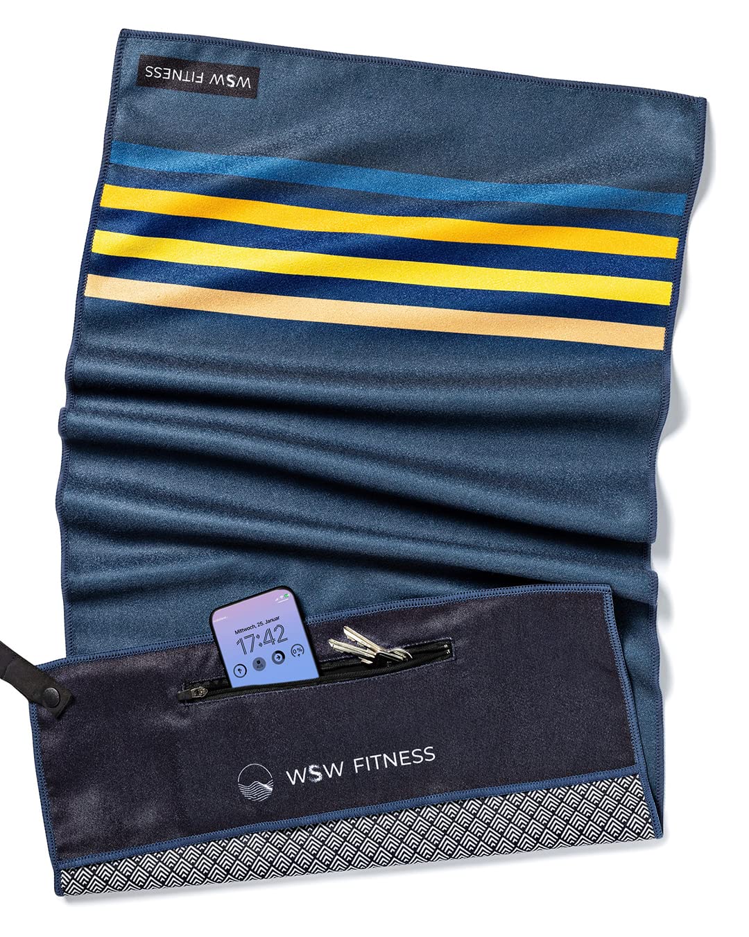 WOODSANDWAVES Gym Towel 50x125 cm with Design, Bench Cover, Magnetic Clip & Zip Pocket – Sports Towel made from Recycled PET for Gym & Fitness – quick-drying, odour-free microfibre — image 1