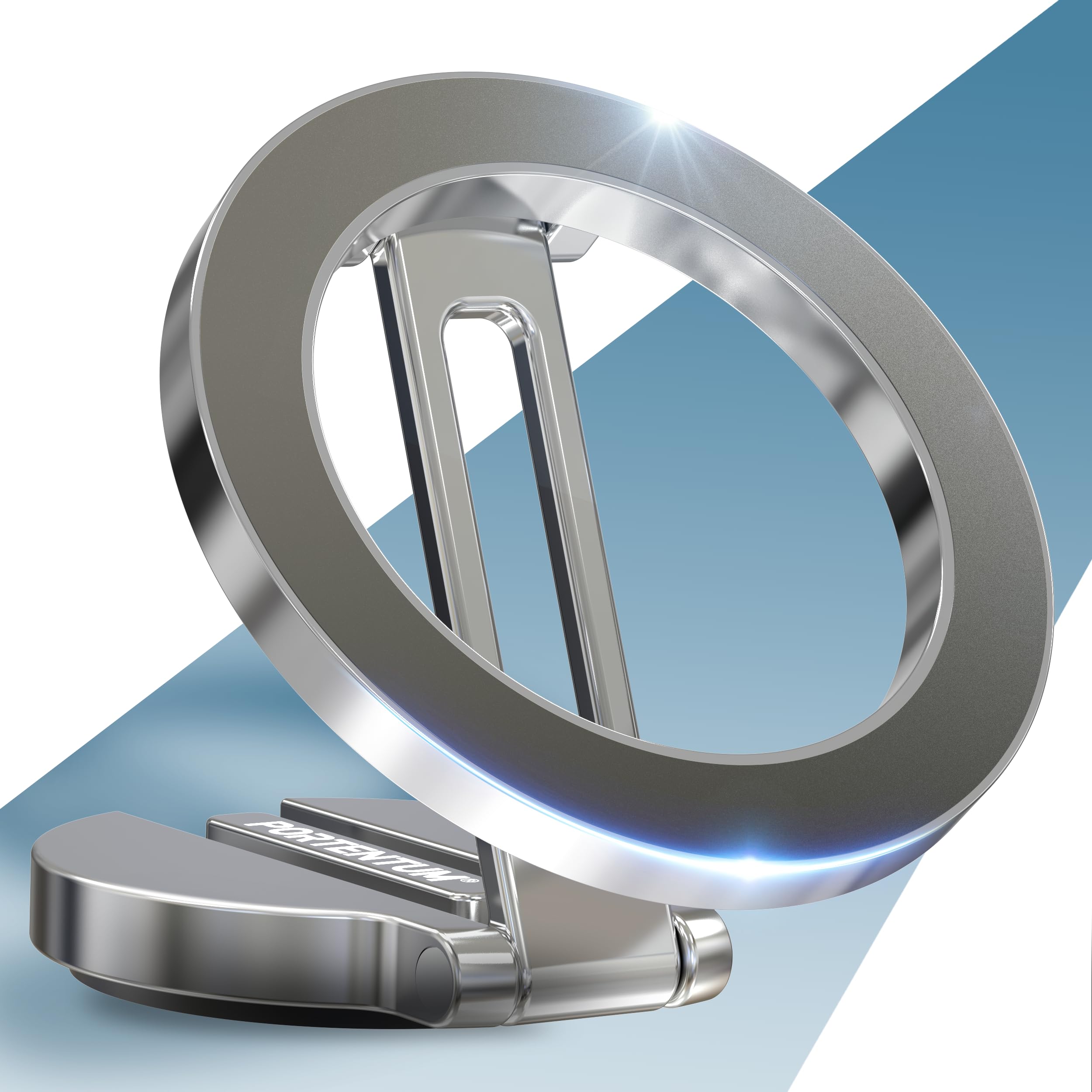 PORTENTUM Car Phone Holder Magsafe Foldable – With 20X N52 Magnetic Lock and 360° Rotation – For Dashboard Office or Other Surfaces - Silver