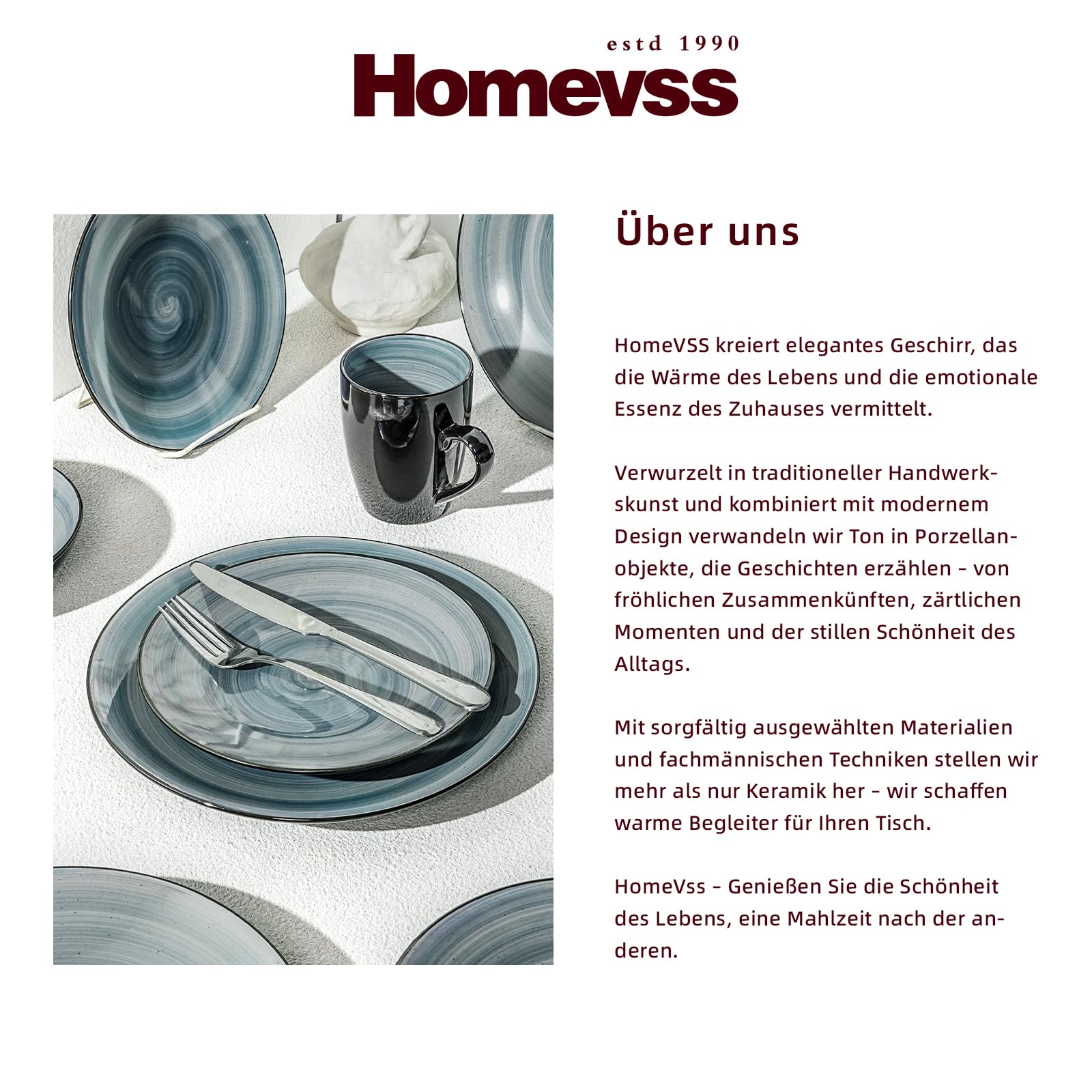 HomeVss Sonoma 16-teiliges Steingut-Essgeschirr-Set, außen schwarz mit schwarzen Sprenkeln (Blau)