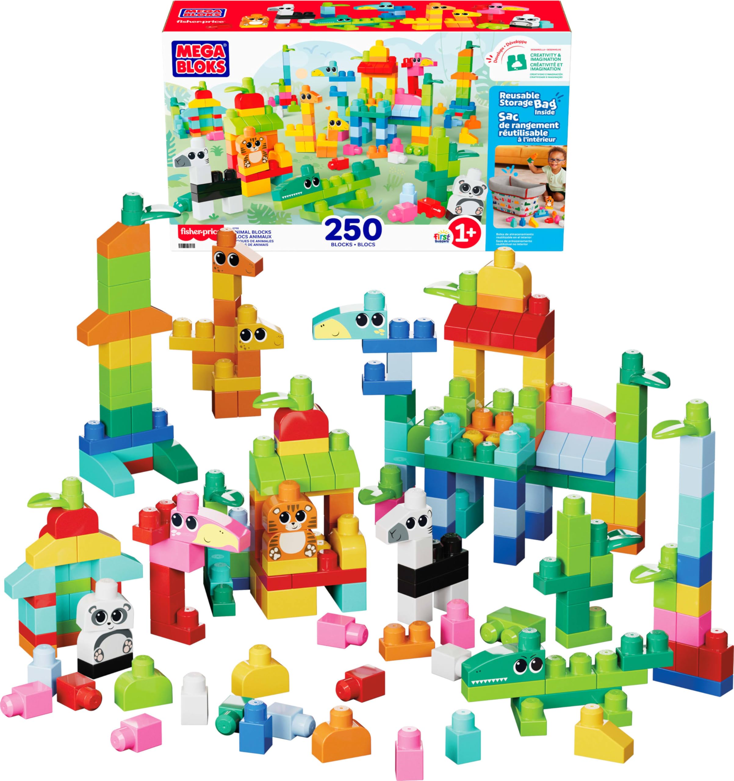 MEGA BLOKS Fisher-Price Klocki zwierzątka Zestaw klocków (250 elementów) oraz 1 torba wielokrotnego użytku, zabawka dla dzieci od 1 roku życia, JCF93