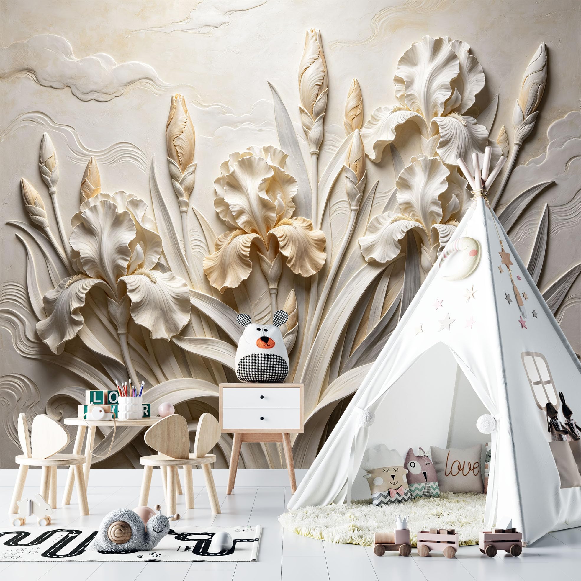 Papier Peint Photo Mural Intissé 3D Motif Iris Crème 265 x 280 cm Décoration Fresque Murale Florale Moderne pour Salon et Chambre.