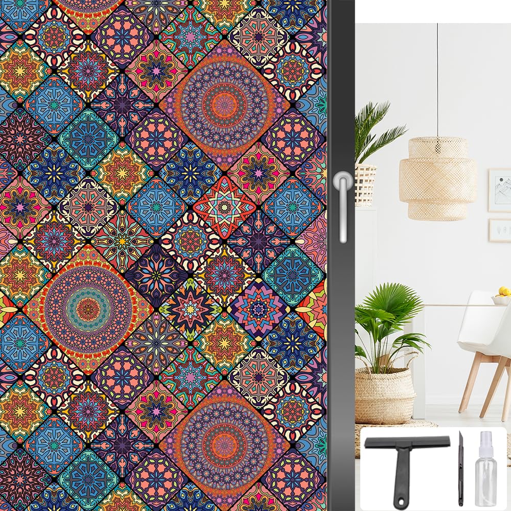 Window UV Protection Privacy Film:Non-Adhesive Static Cling Decorative Window Film with Installation Tools,Stained Glass Window Film for Kitchen,Study,Bathroom,and Shower Doors,17.7 x 39.4 inches.