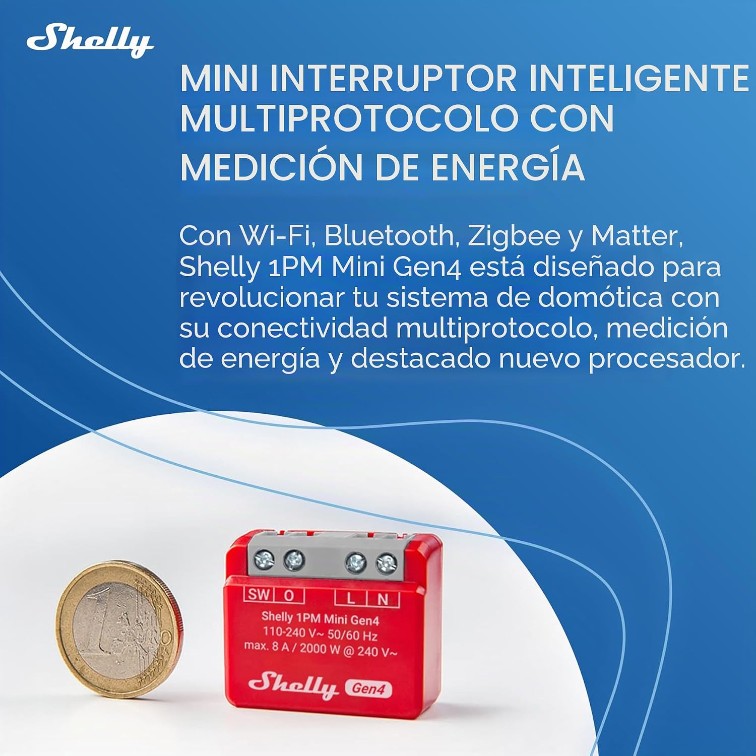 Shelly 1PM Mini Gen4 – Módulo interruptor inalámbrico Matter, Zigbee y Wi-Fi, 1 canal 8 A, Medición de consumo de energía, Relé de luz, Control por aplicación y por voz Alexa, Google, Apple HomeKit 3