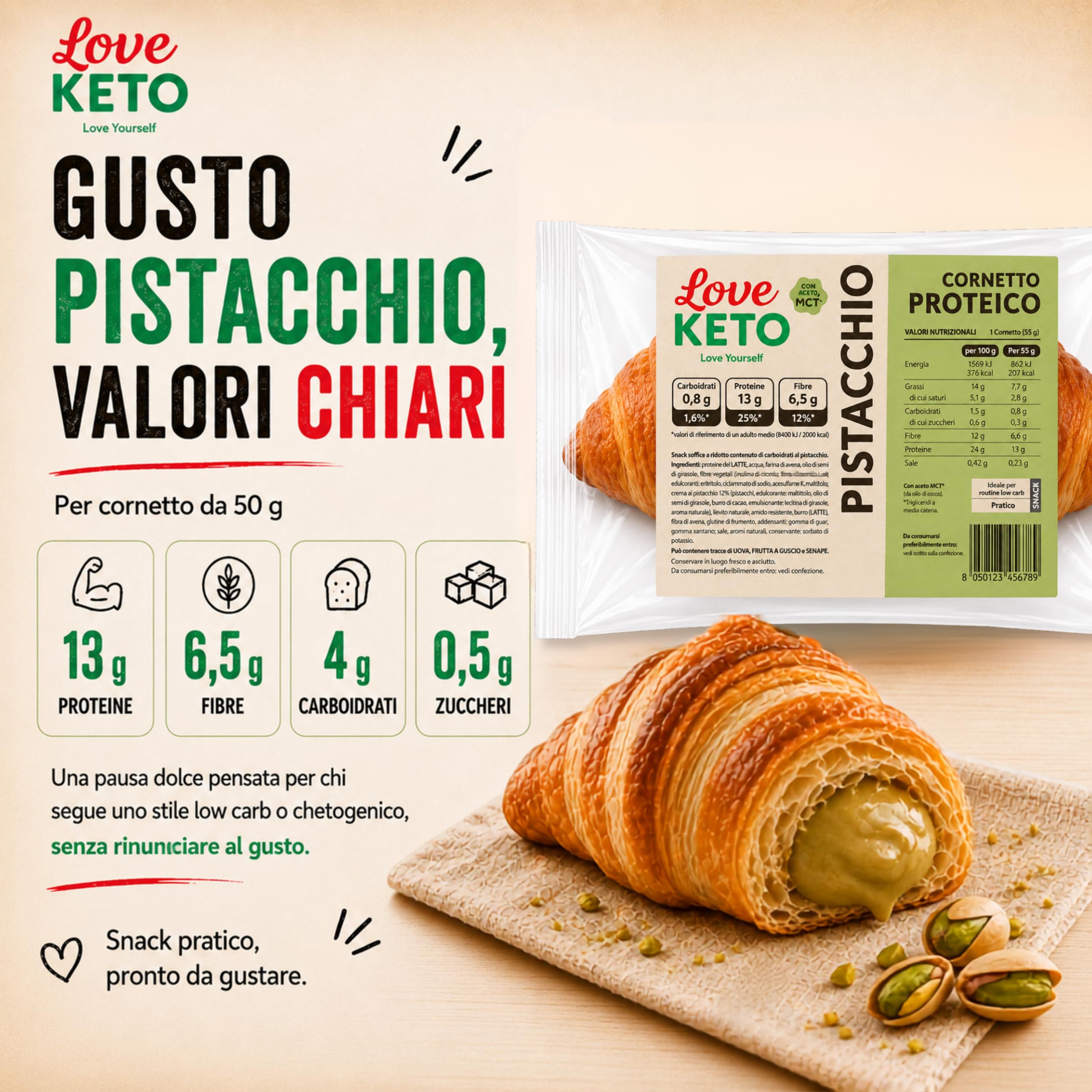 Cornetti proteici low carb ripieni al pistacchio 20 confezioni da 50gr - Made in Italy