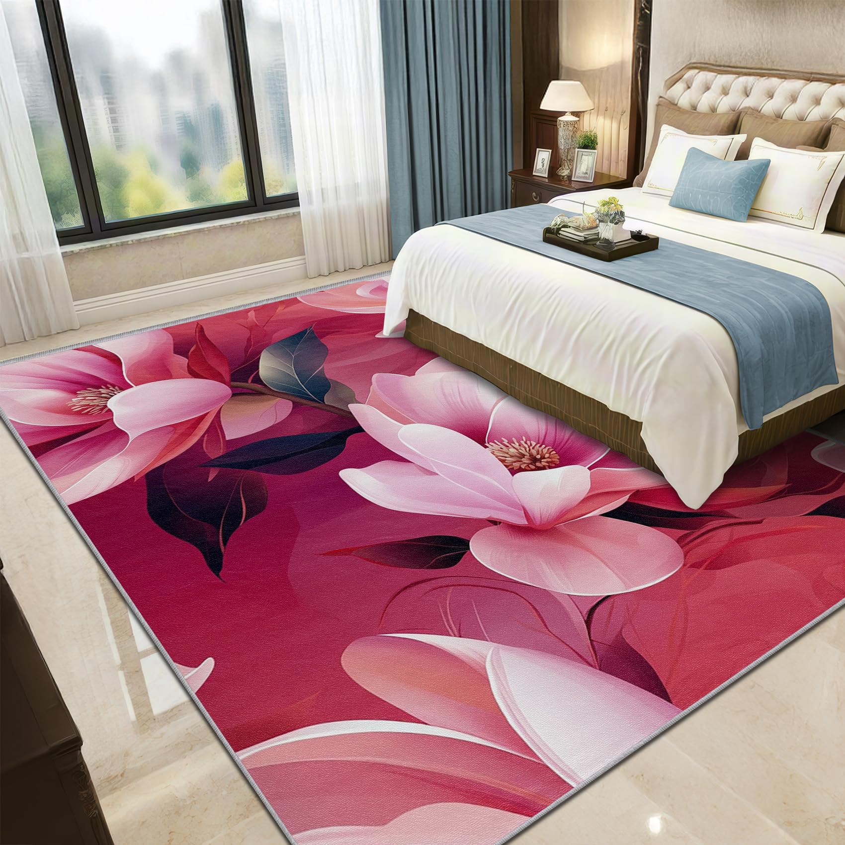 Blumen Teppich Wohnzimmer 200x300 cm,Rosa Magnolie Geblümt Teppiche Waschbar Für Schlafzimmer,Blüten Mädchen Waschbar rutschfest Weich Groß Esszimmer, Rosa Rot Dunkelgrün