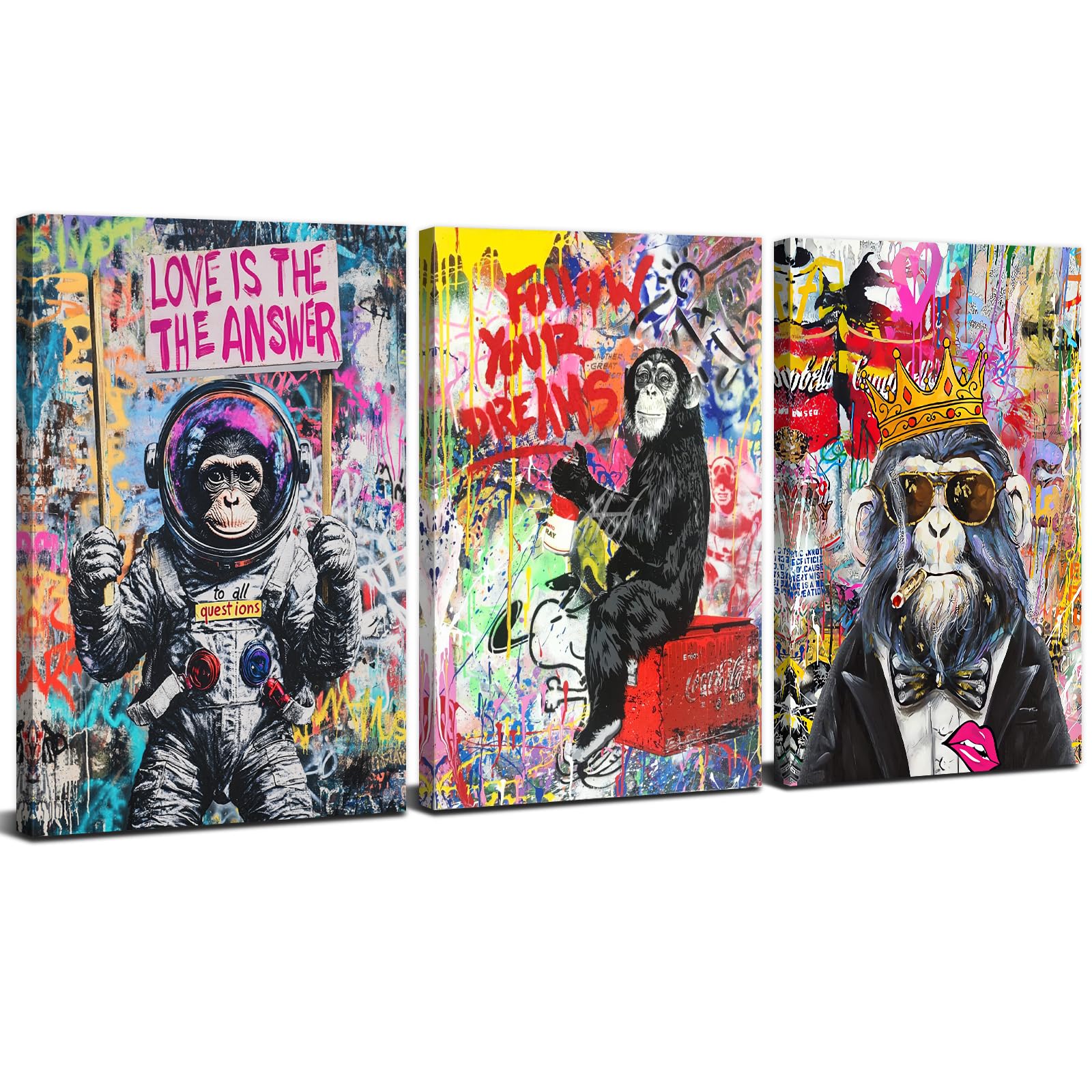 Set of 3 Banksy Canvas Wall Art for Living Room Graffiti Street Pop Art Wall Decor Abstract Gorilla Posters Aesthetic Room Decor Funny Animal Paintings Modern Artwork Bedroom Home Decorations 12x16"
