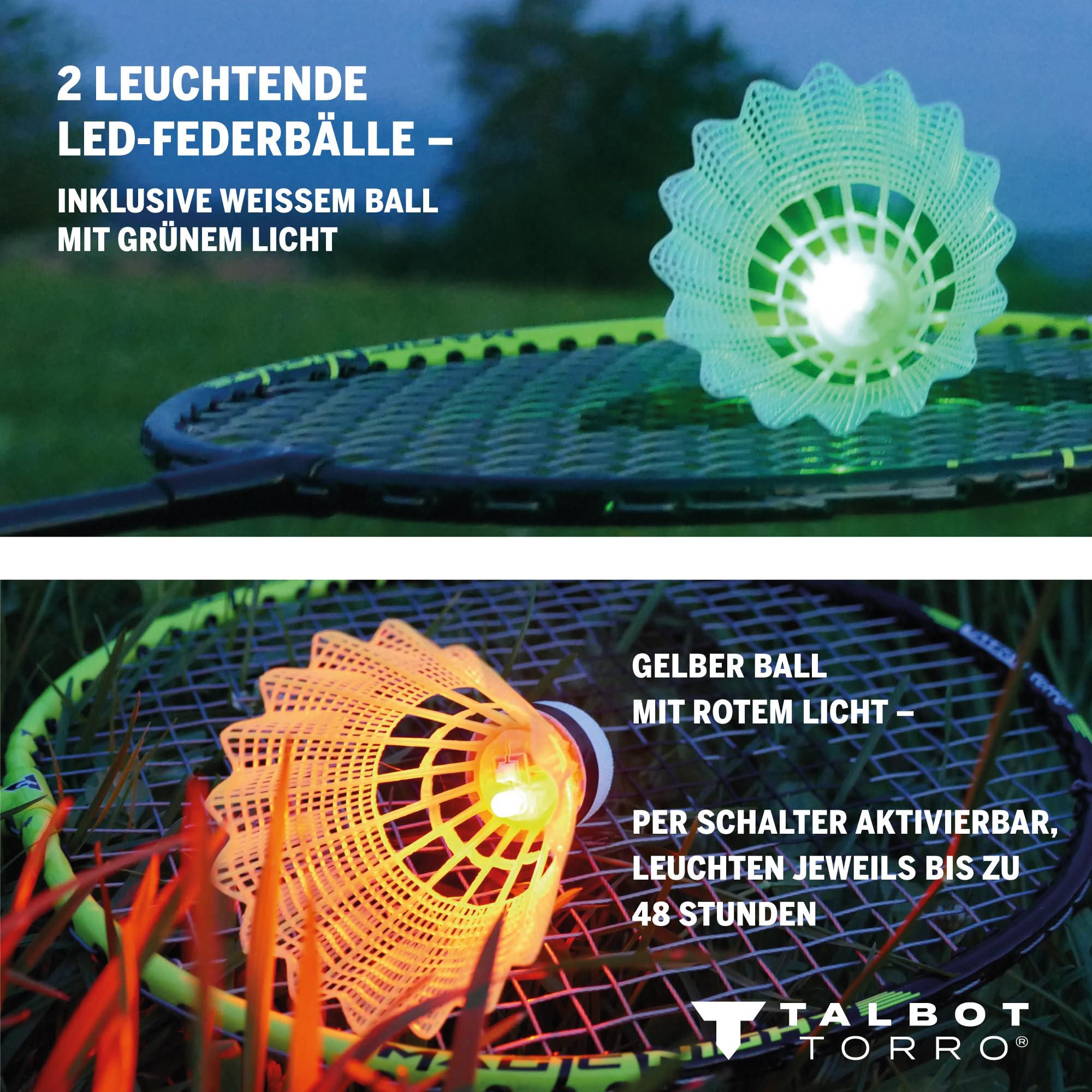 Badmintonset Nacht Talbot Torro Set De Badminton Magic Night, 2 Raquettes Et 2 Volants Avec LED, Pour Jouer La Nuit, Dans Un Sac, 449405 : Talbot-Torro Magic Night Set Talbot Torro