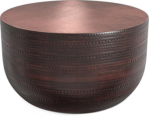 Miniatura 20 de SIMPLIHOME Johnsen Mesa de Metal - Mesa de Acento de Tambor de Hierro Macizo de 15 pulgadas de Ancho en Plata Antigua con Patrón Tribal, Mesa Plata