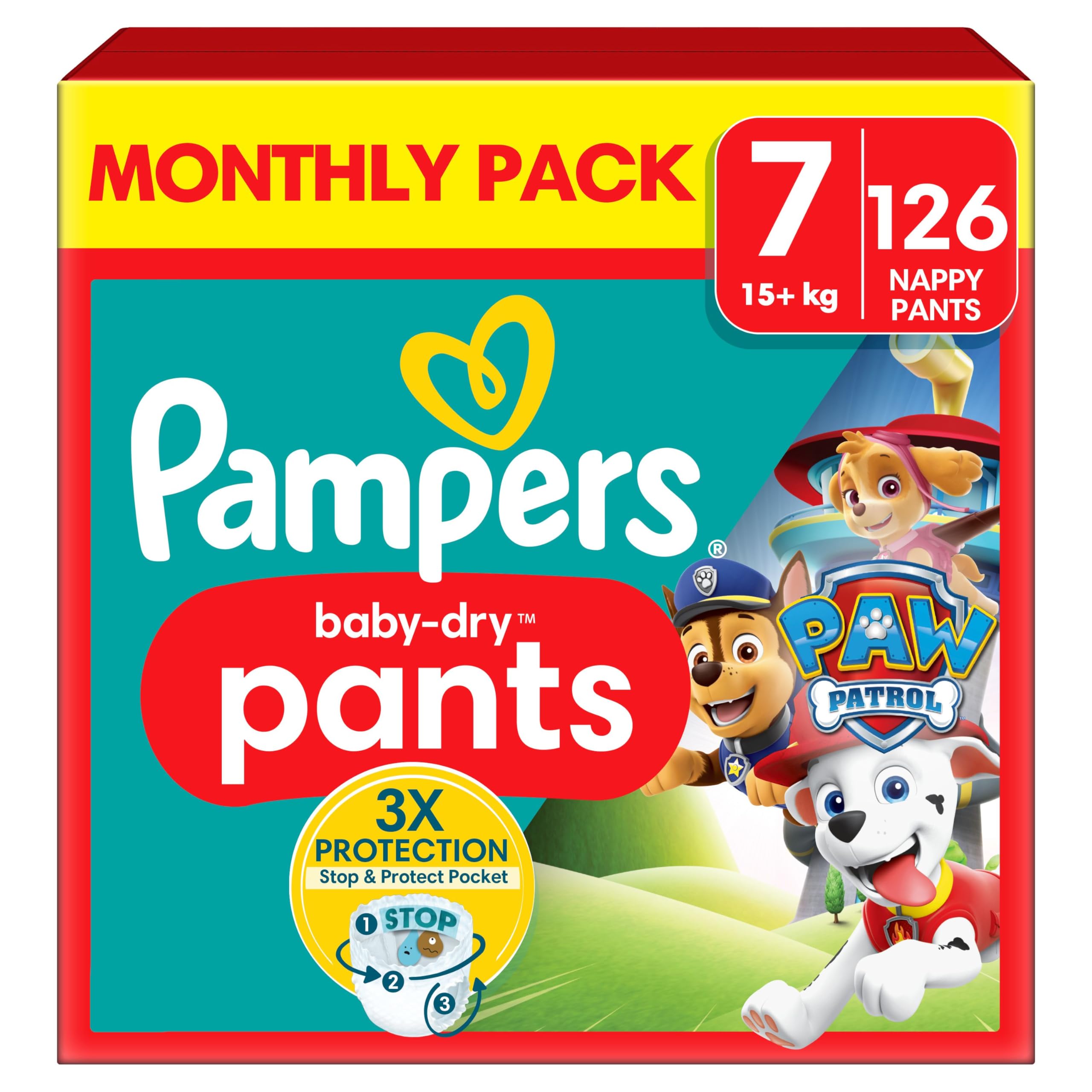 Pampers Baby-Dry Nappy Pants Paw Patrol Edition Size 7, 126 Nappies, 15kg+, Monthly Pack, with Our 360° Pants Fit to Help Prevent Leaks