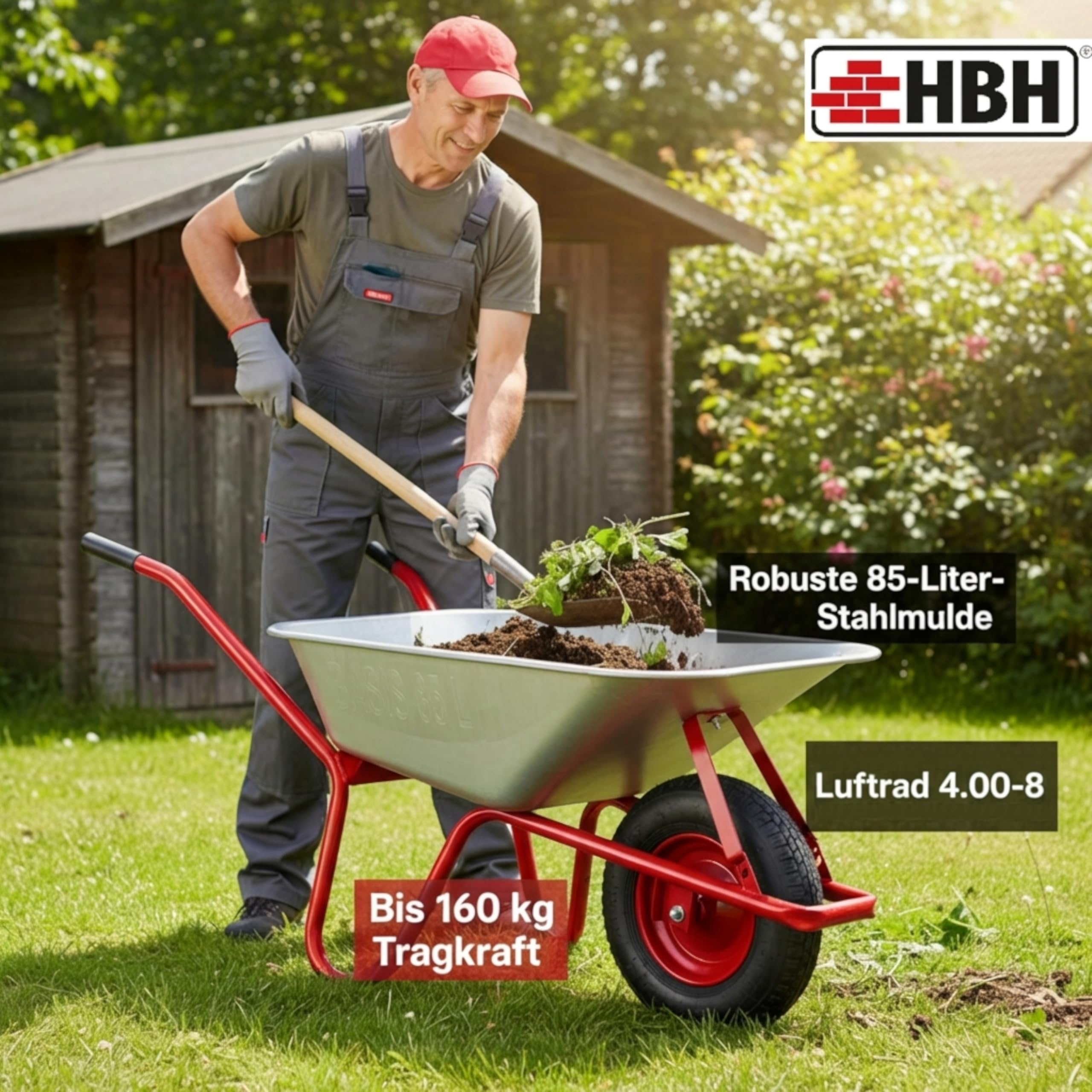 HBH Schubkarre 85 Liter Garten, bis 160kg Tragkragkraft, ideale Gartenschubkarre, Luftrad 4,00-8, Stahlfelge mit Kugellager, verzinkte Stahlmulde, mit Muldenstützbügel und Kippbügel, Farbe rot