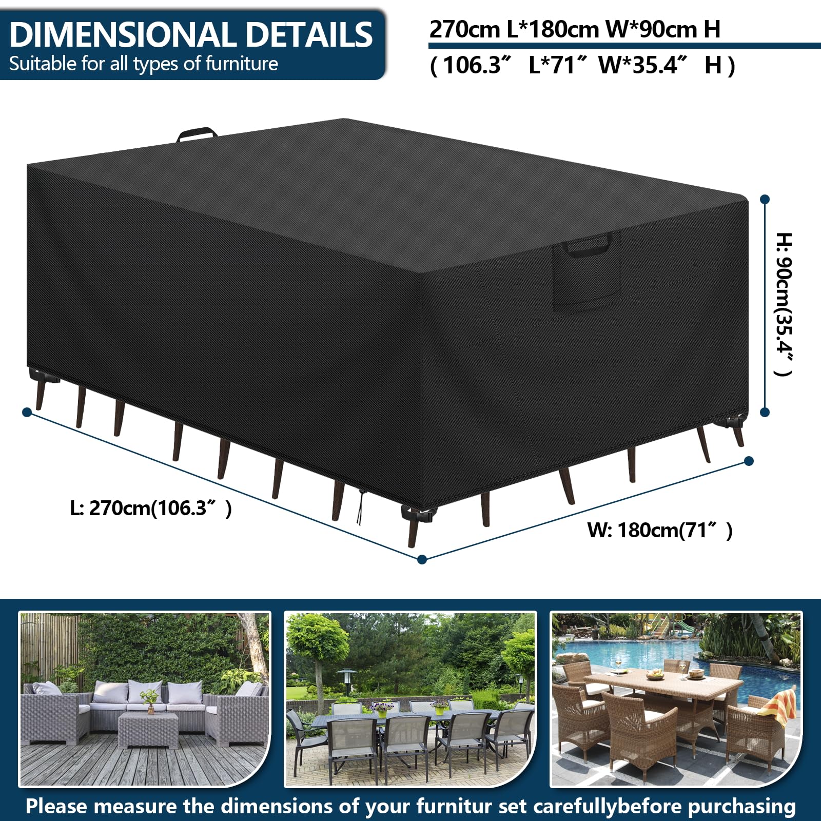 Housse De Table De Jardin 315x180x70cm - Oxford 420D Noir - Imperméable, Antivent
