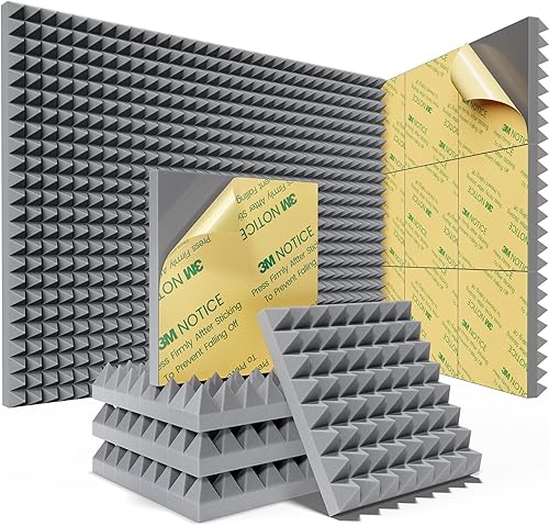 Paquete de 12 paneles de espuma piramidal a prueba de sonido con autoadhesivo, paneles de espuma acústica de 12 x 12 x 2 pulgadas de alta densidad,