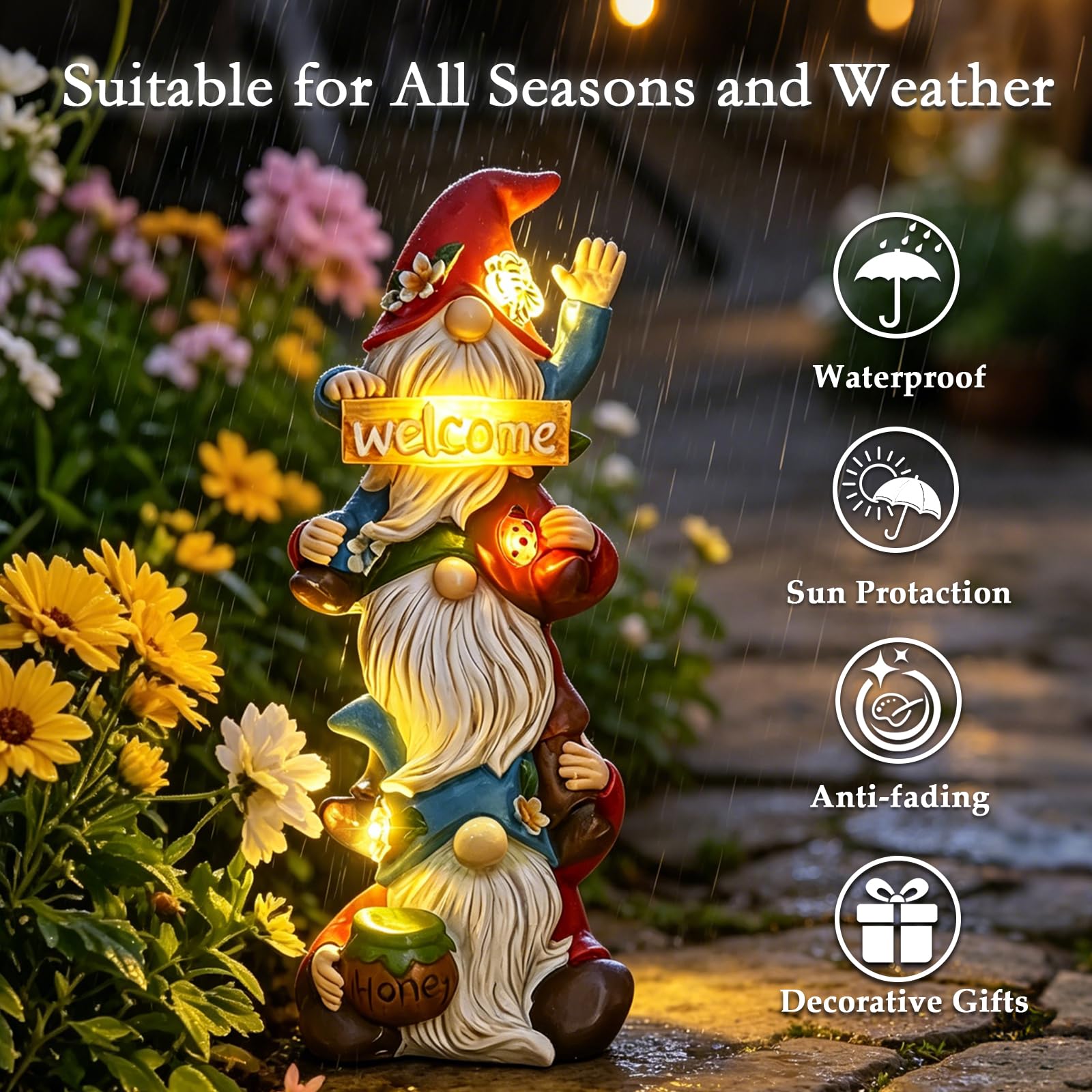 Estatua de gnomo de jardín, luces solares, divertidas esculturas de gnomos triples sin rostro, decoraciones de primavera, porche al aire libre, patio, césped, patio, balcón, decoración del hogar