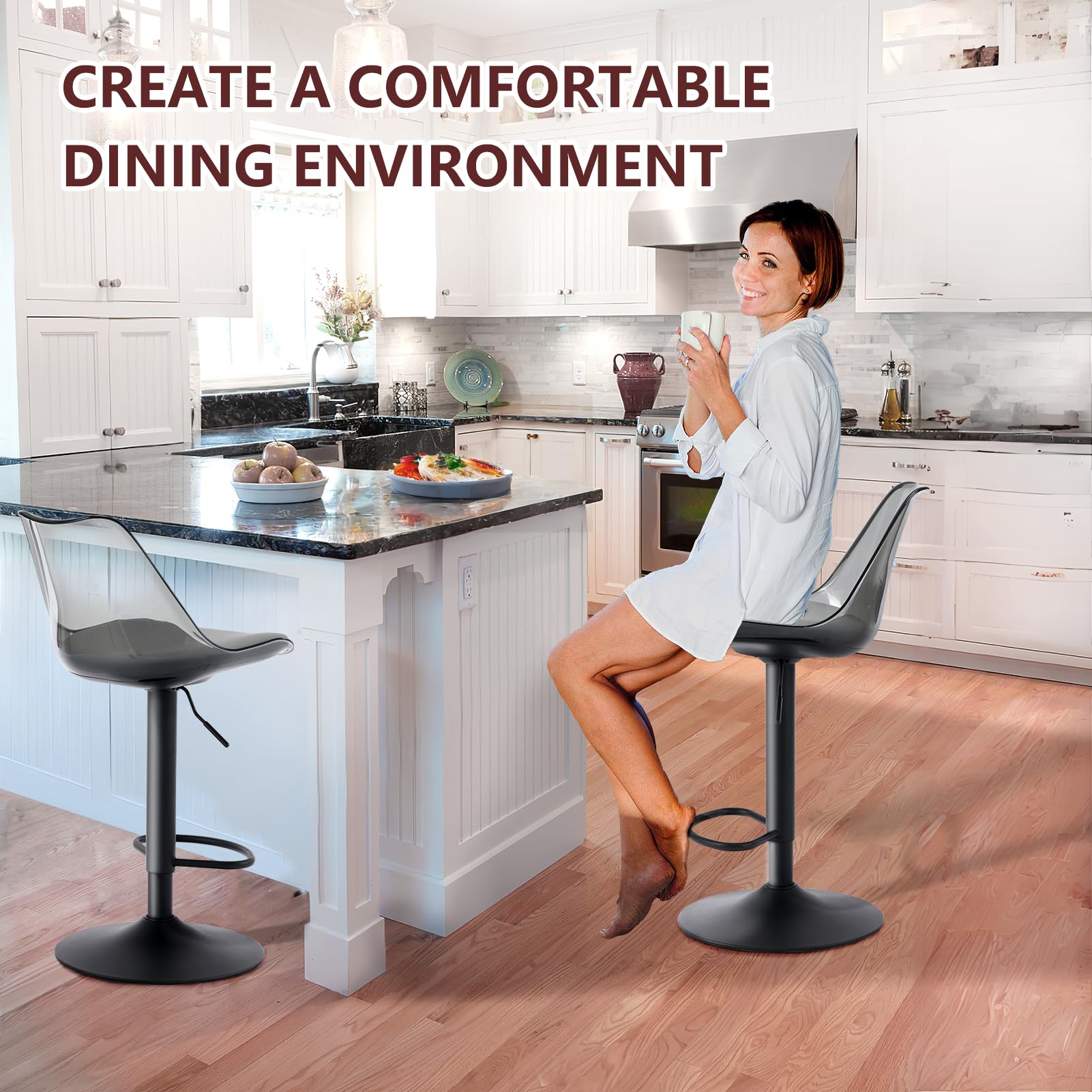 set di 2 sgabelli da bar trasparenti in acrilico regolabili in altezza con schienale e poggiapiedi, sedie girevoli imbottite a 360° moderne per cucina, sala da pranzo, bancone e bar