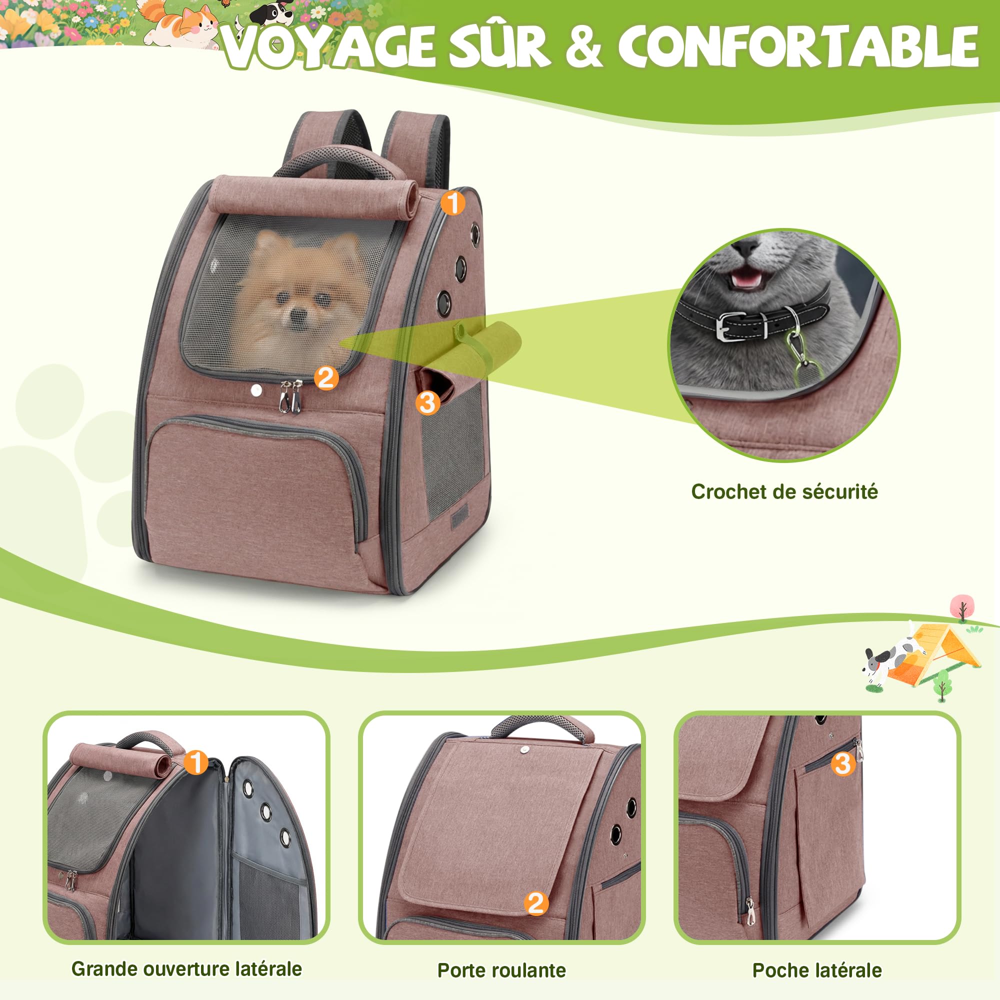 ALLSOPETS Sac à Dos pour Chat et Chien, Pliable et Respirant, Brun Rosé | Sac de Transport Chat avec Pare-Soleil Rétractable et Design Respirant, Sac pour Confortable pour Voyage, Randonnée, Camping