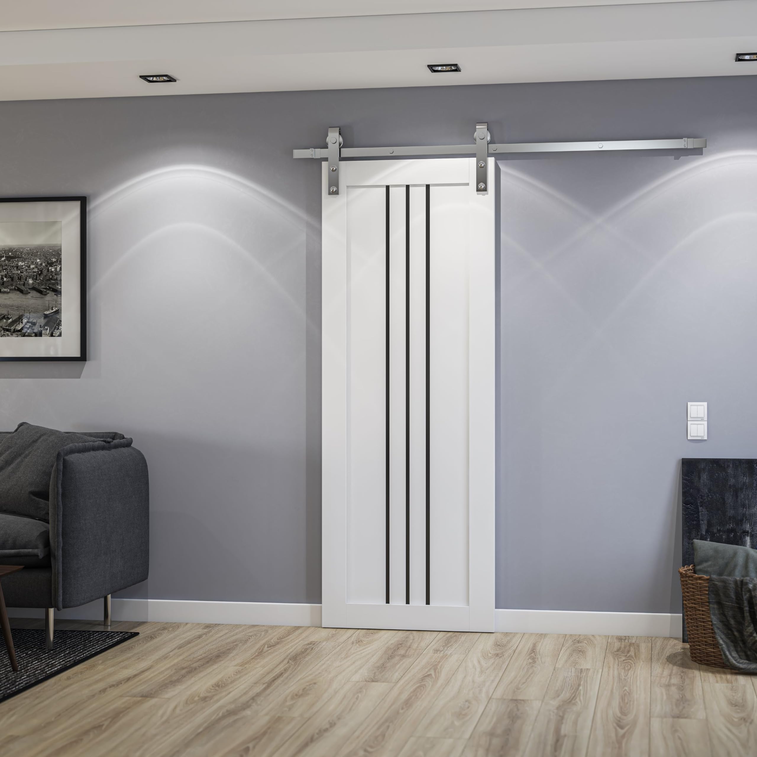 SARTODOORS Sliding Barn Door 36 x 80 inches | Base 6094 White Single Barn Door/Silver Rail | Opaque Glass MDF Modern | Bedroom Living Room