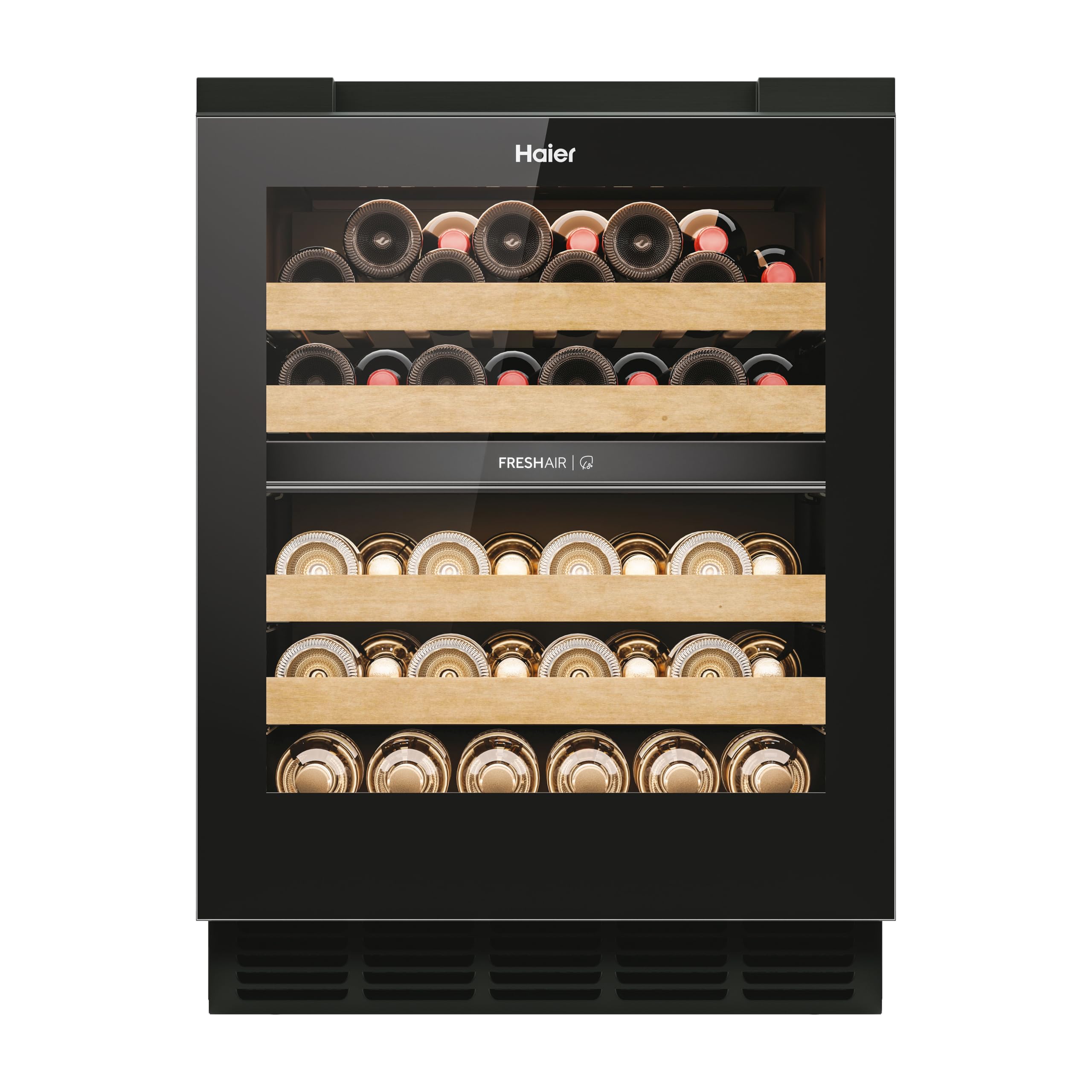 Haier Weinkühlschrank Serie 6 Wine Bank 60 HUC44GDEH1 | 60 cm Breite, 44 Flaschen Weinklimaschrank mit 2 Temperaturzonen, UV-Glastür, Holzregale, Wi-Fi