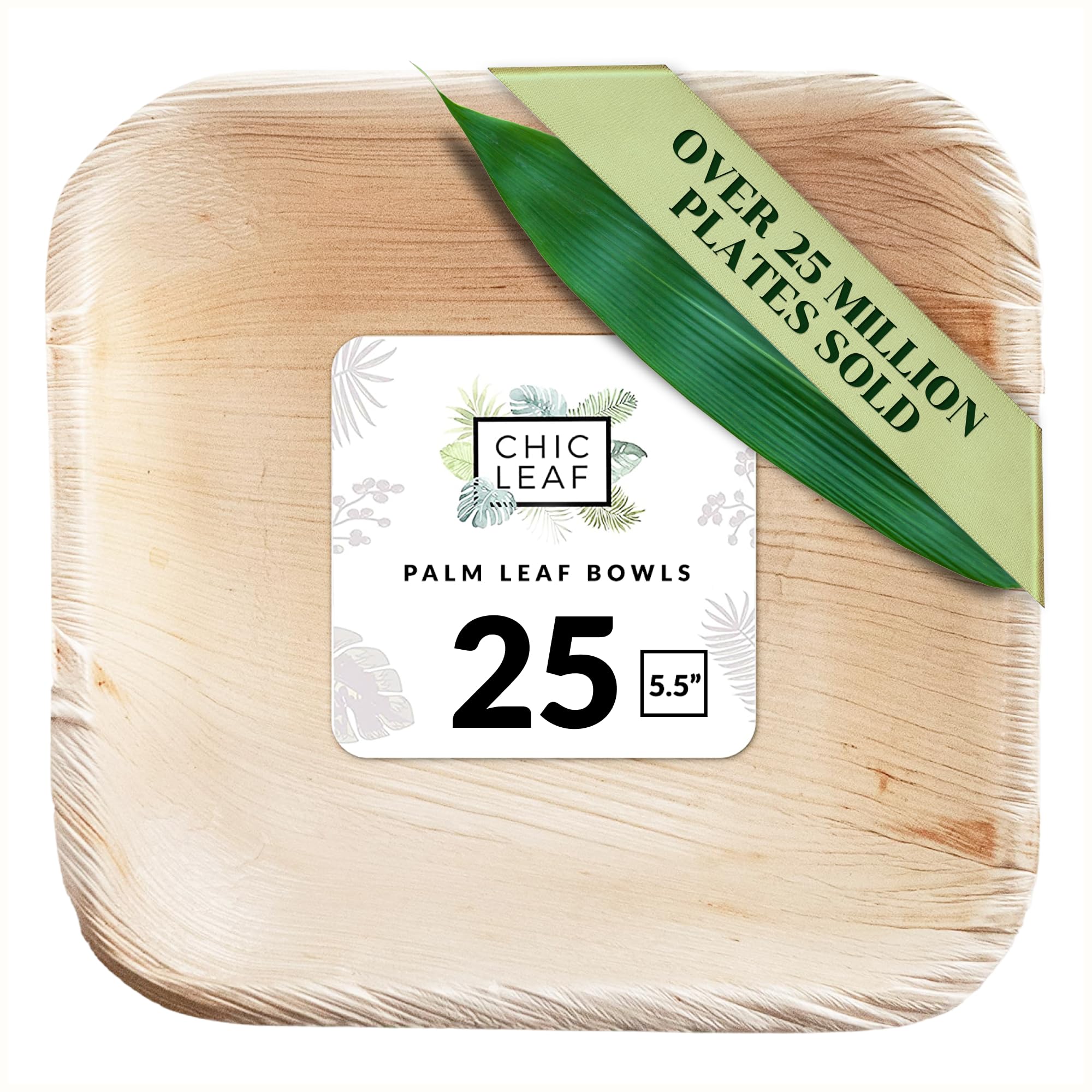 chic leaf palm leaf bowls - mini disposable bamboo bowls for weddings, parties, event appetizers - biodegradable & compostable party supplies (5.5'' square - 25 pack)