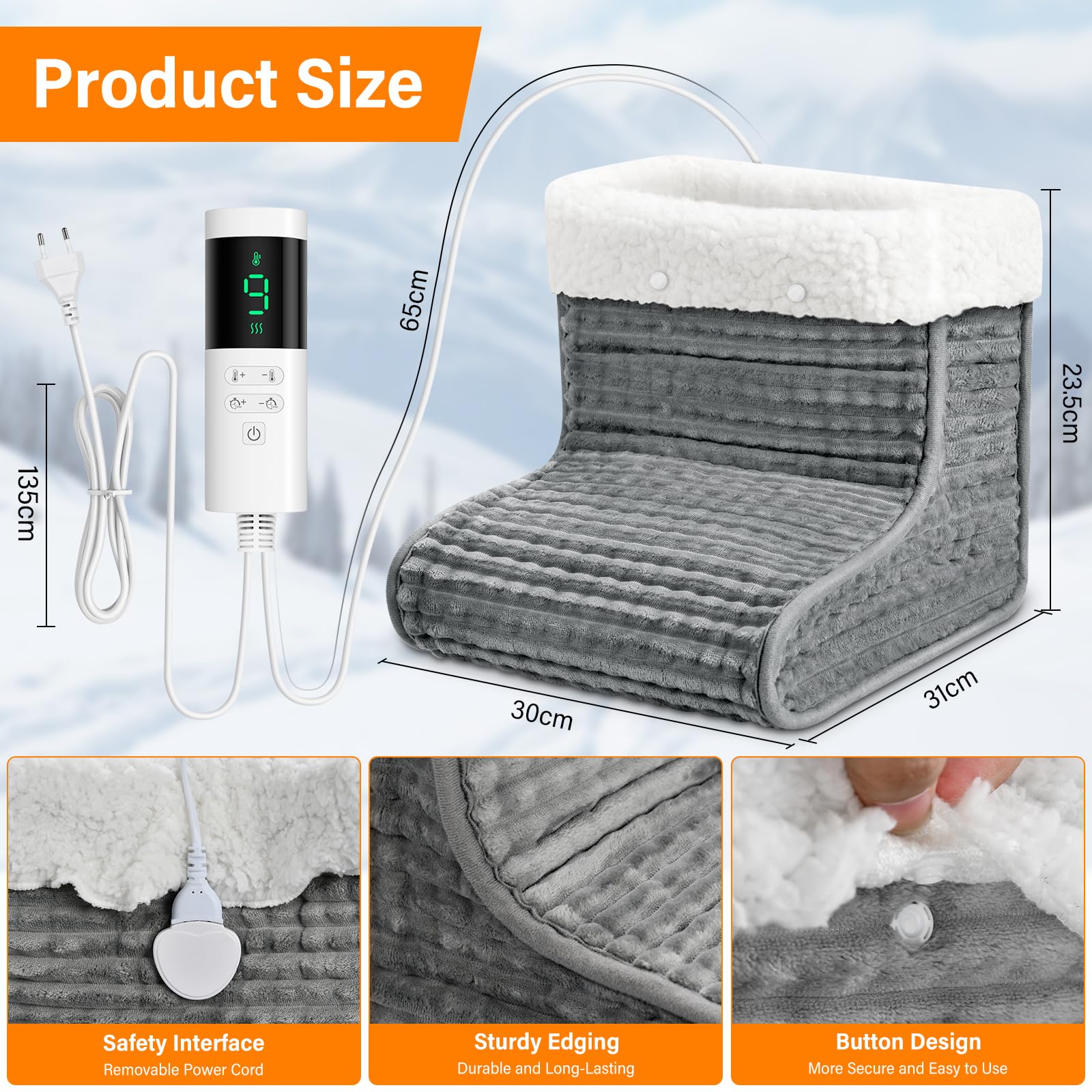 Chauffe-pieds, Chauffe Pied Électrique 30℃ à 60℃, Chausson Chauffant Electrique avec 9 niveaux de température & 12h Time, Lavable, Protection contre la surchauffe & Arrêt automatique