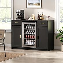 Herture Mini Fridge Cabinet,Coffee Bar Cabinet with Fridge Space &amp; Wine Storage with Outlets,Fits 24" Fridge,Mini Fridge Stand,Buffet Sideboard Table Wine Cabinet for Kitchen Dining Room Black KH04MRB