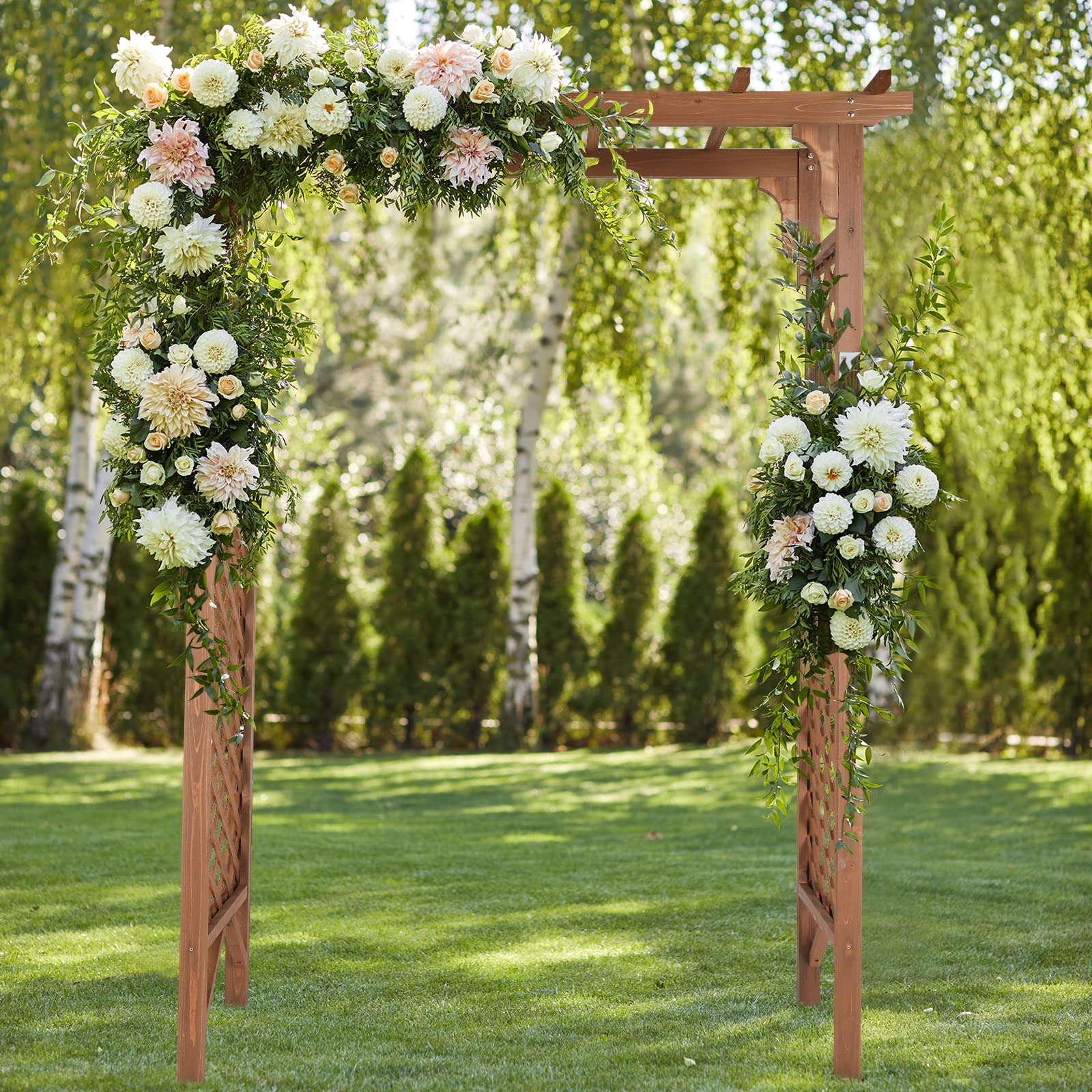 Bonnlo Rosenbogen Holz mit Rankgitter, Flachdach,Stabil und Wetterfest, Speziell für kletternde Pflanzen,Hochzeit&Dekoration für Garten und Hof, 152 * 60 * 215cm, Dunkelbraun