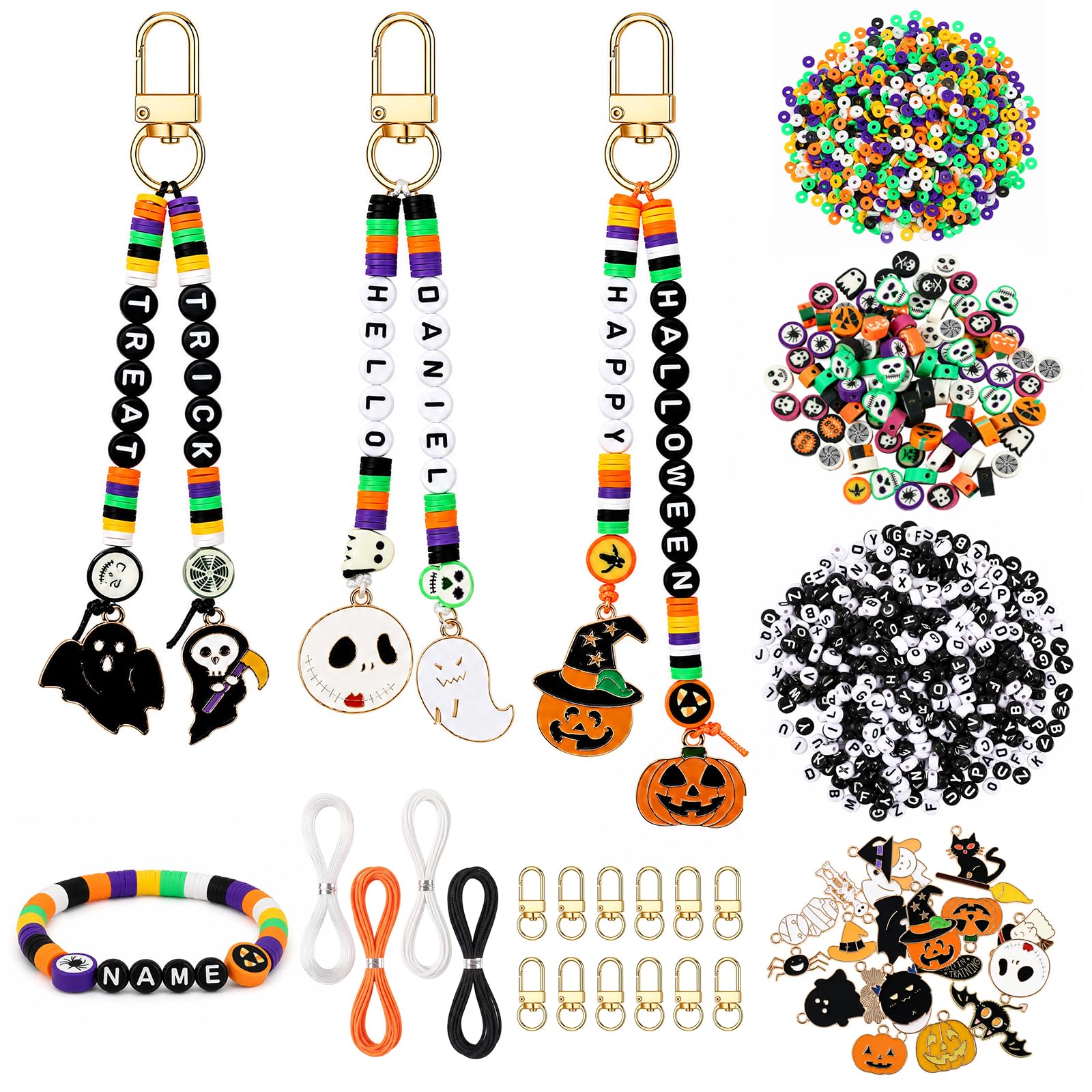 MWOOT Halloween Bead Keychain Making kit, DIY Keychains Bracelet kit with Letter Beads,Cute Charms and keyrings, Handmade Bag Charms Crafts for Halloween, Gifts