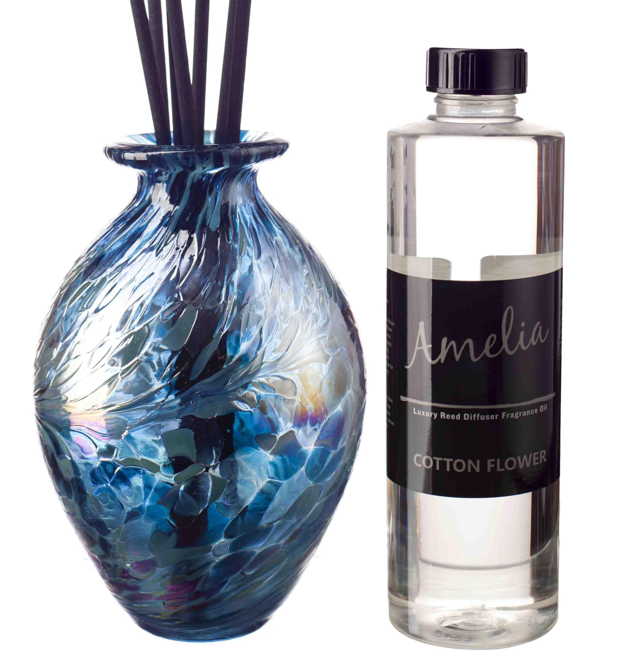Amelia Art Glass Blue December Birthstone Coloured Mouth Blown Glass Reed Diffuser Gfit Set With Cotton Flower Fragrance Oil