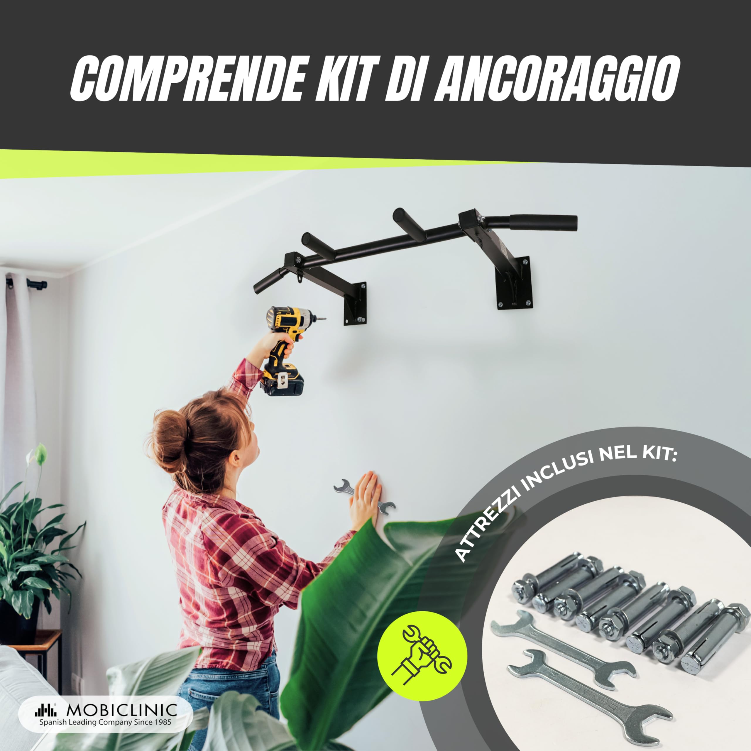 Mobiclinic® fitness, Barra per trazioni, K3, Parete, Kit di ancoraggio, Acciaio, Max. 250 kg, Esercizi forza, Impugnature in schiuma
