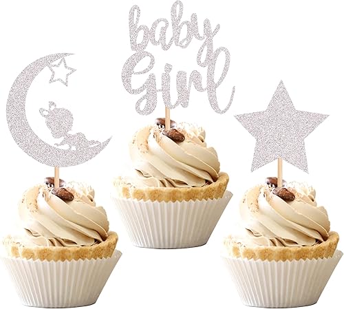Miniatura 90 de 30 piezas de decoración de cupcakes para baby shower, vestido con lazo con purpurina, biberón para cupcakes "It's a Girl", decoración de pasteles