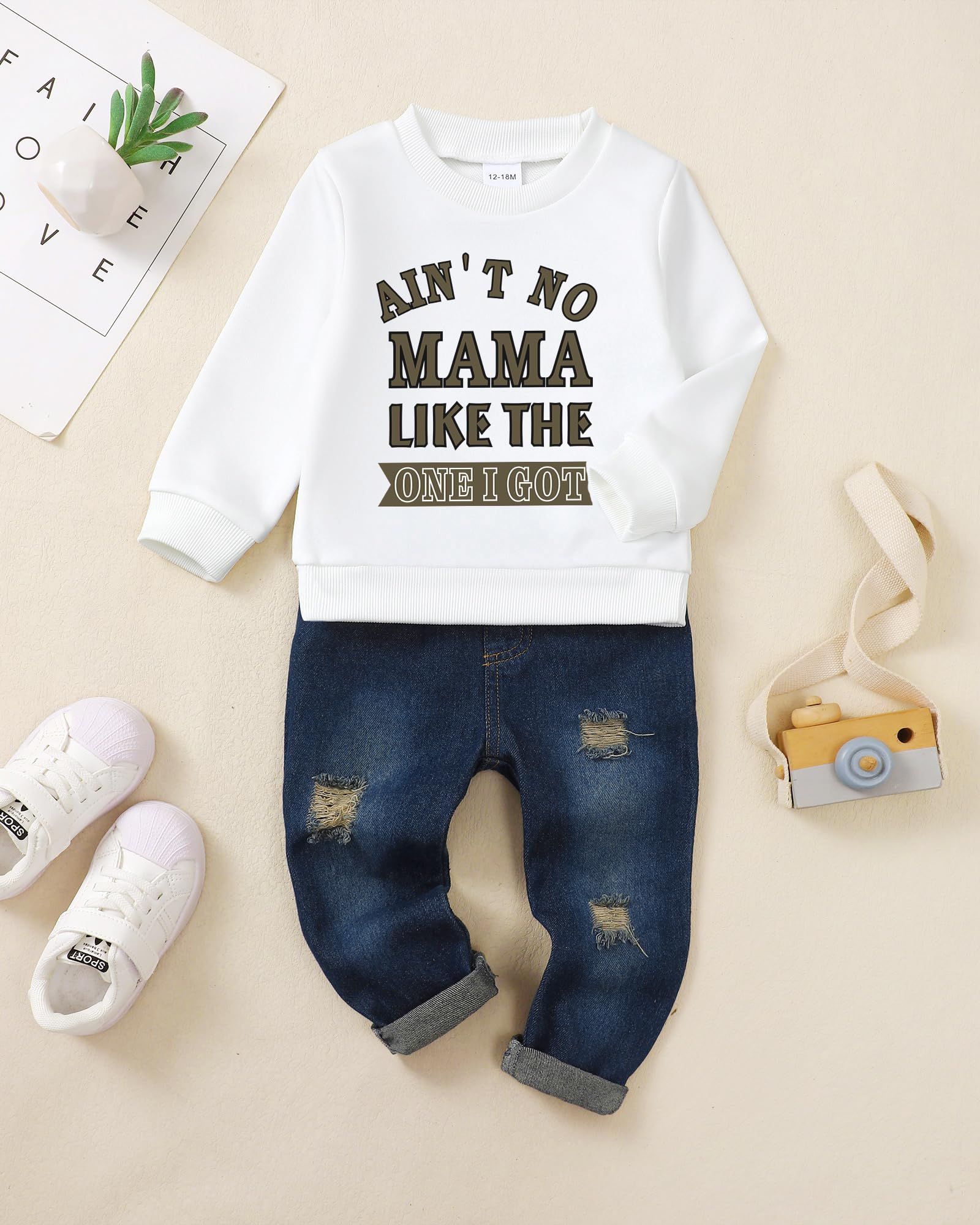 NZRVAWS 4-5T Toddler Boy Clothes Long Sleeve White Pullover Sweater Denim Ripped Jeans Little Boy Outfit Fall Winter Clothing Set