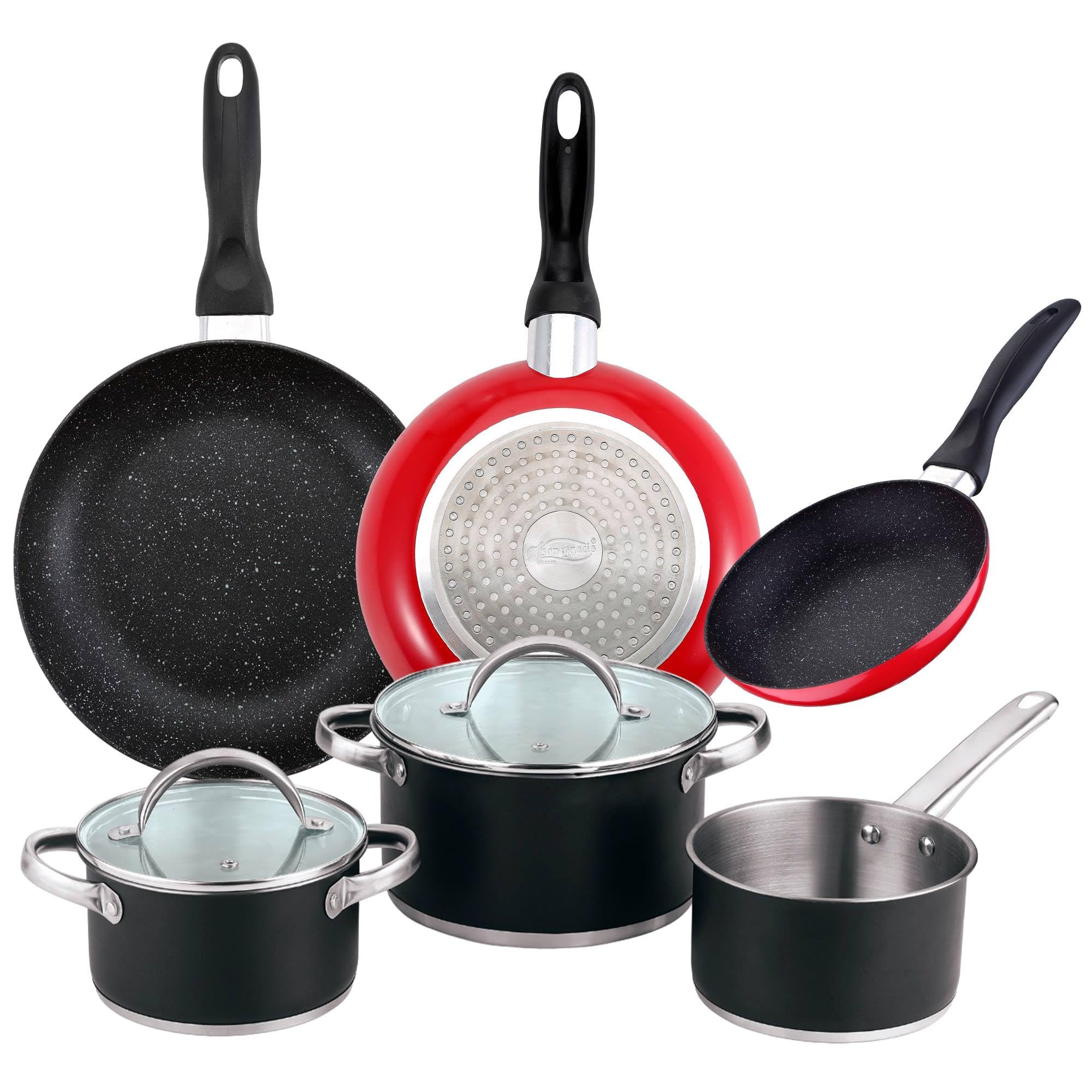 San Ignacio Set of 3 Frying Pans Ø16Ø20Ø24cm + 5pcs Cookware Set in Steel