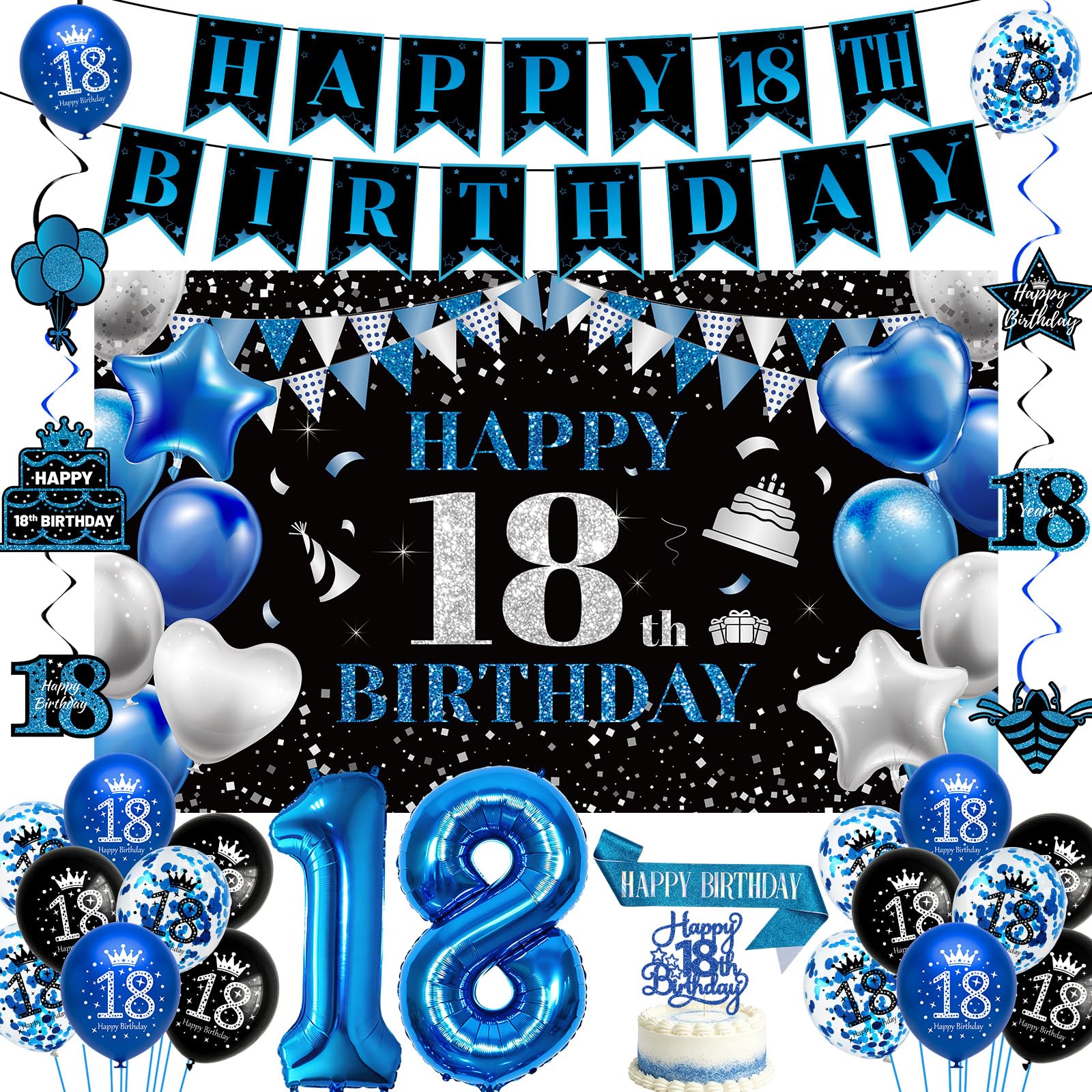 18th Birthday Decorations for Boys Girls, Blue Black Party Supplies