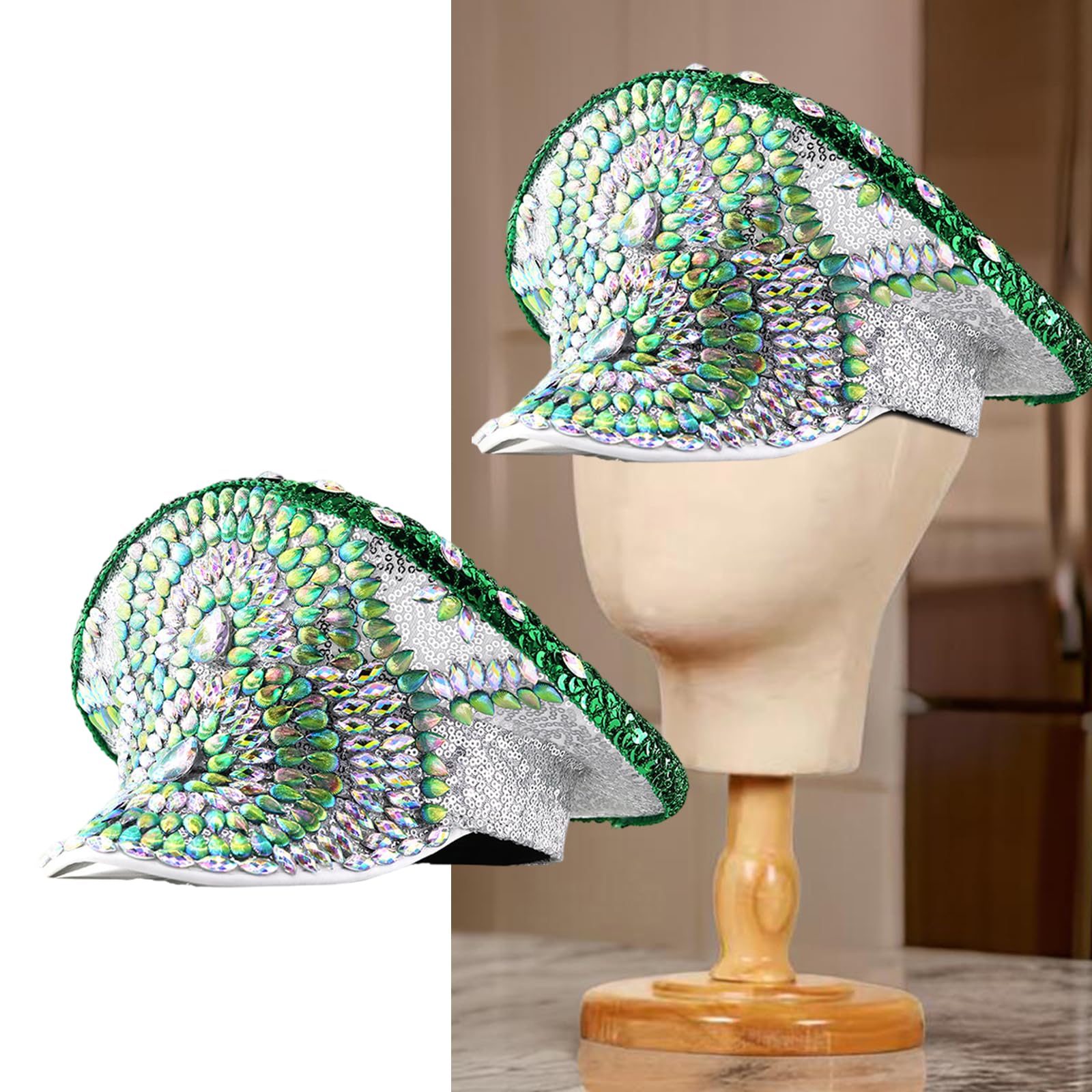 Cappello con borchie di strass rivetto per donne uomini cappelli per feste di compleanno cappello blingbling per spettacoli teatrali fotografia copricapo verde diamante paillettes cappello blu