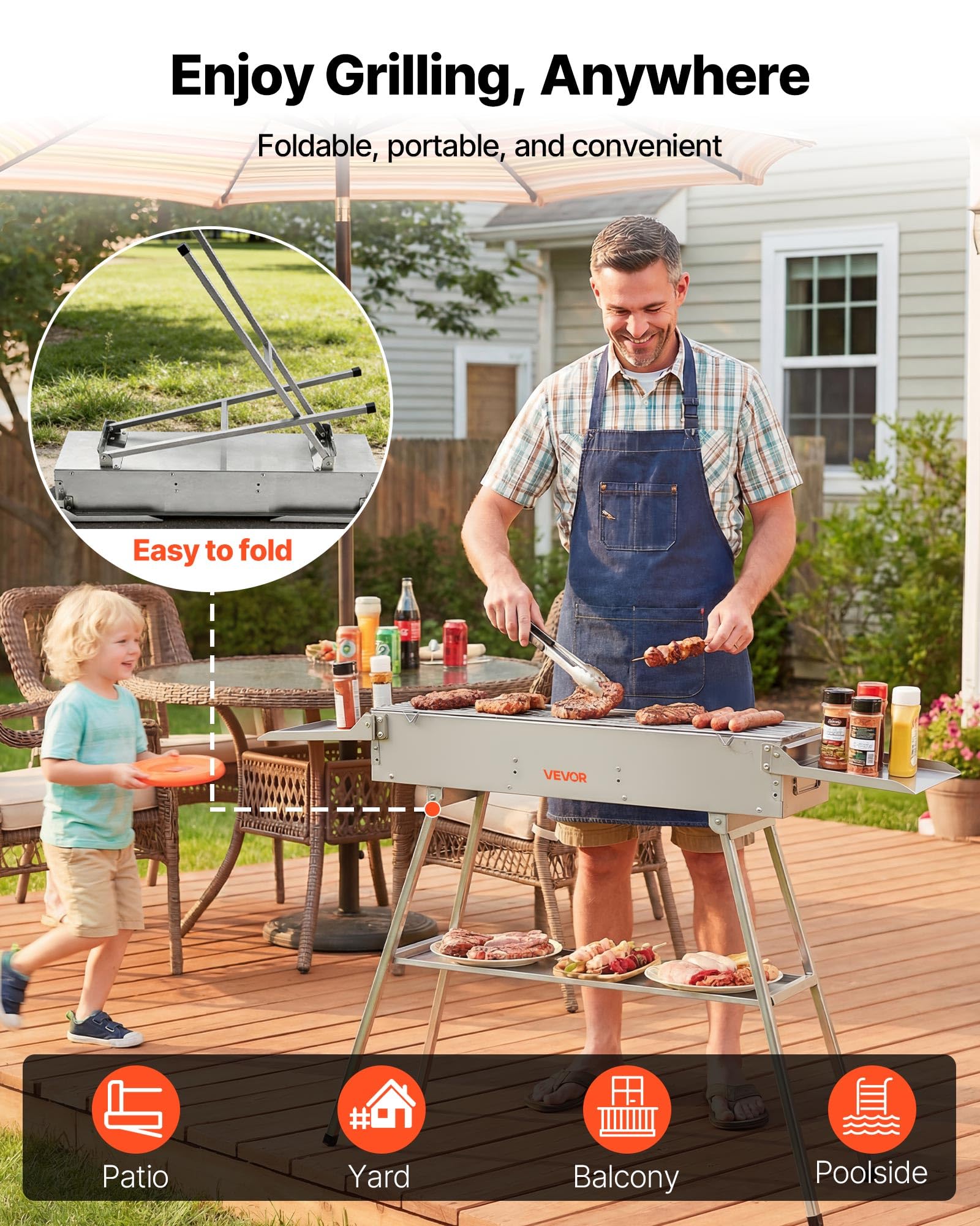 VEVOR Barbacoa de Carbón Plegable 0,16 m², Parrilla de Carbón Portátil con Bandeja de Carbón Elevable y Mesas Laterales, Barbacoa de Acero Inoxidable para Acampar al Aire Libre, Fiestas en Jardín
