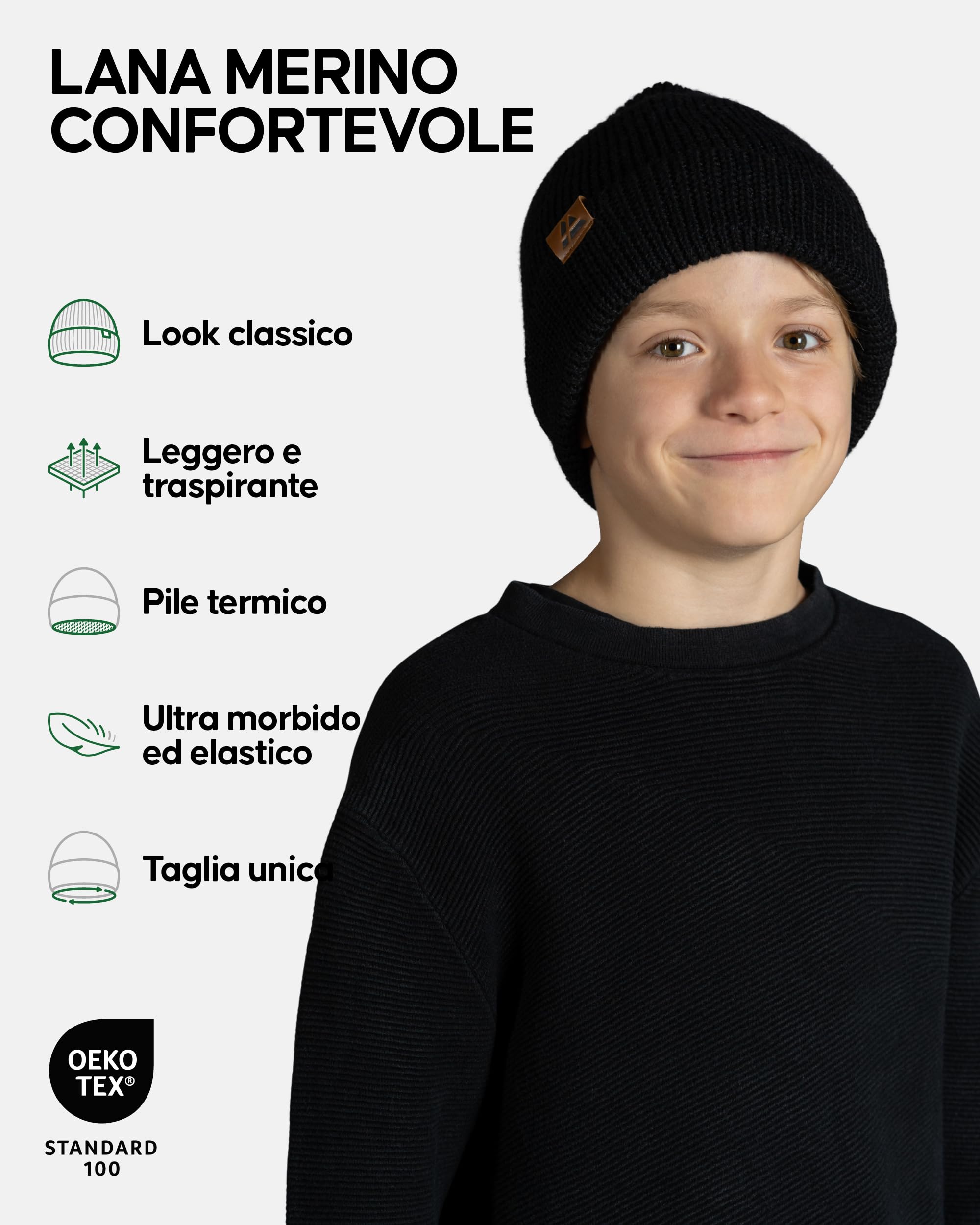 DANISH ENDURANCE Berretto Beanie in Lana Merino e Fodera Pile, Cappello in Maglia, Taglia Unica per Ragazzi e Ragazze, Beanie Invernale, Unisex,