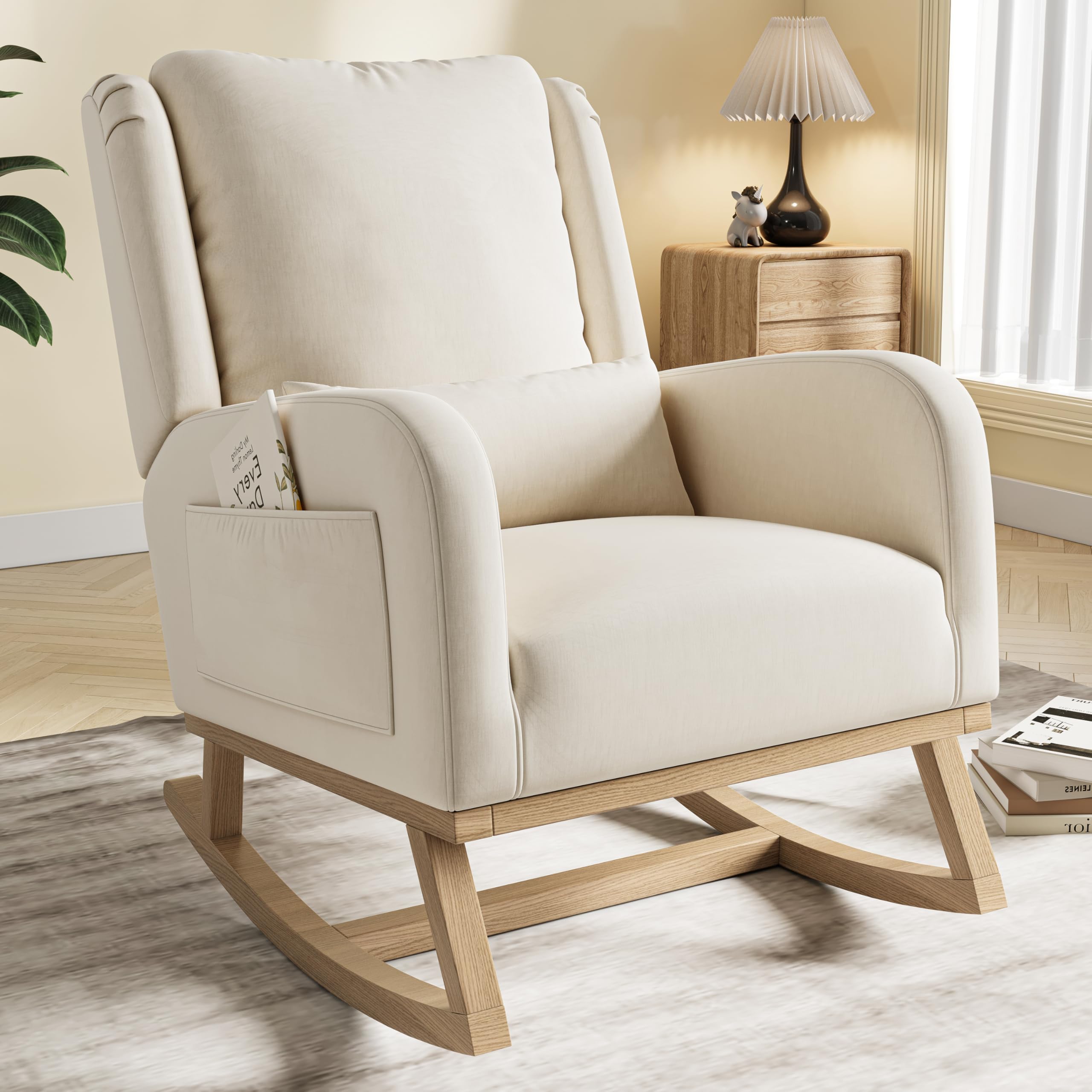 BRILVERDE Mecedora, mecedora con bolsillos laterales, cómoda tumbona acolchada con cojines para la cintura, mecedora de madera, para salón, dormitorio, balcón (lino, beige)