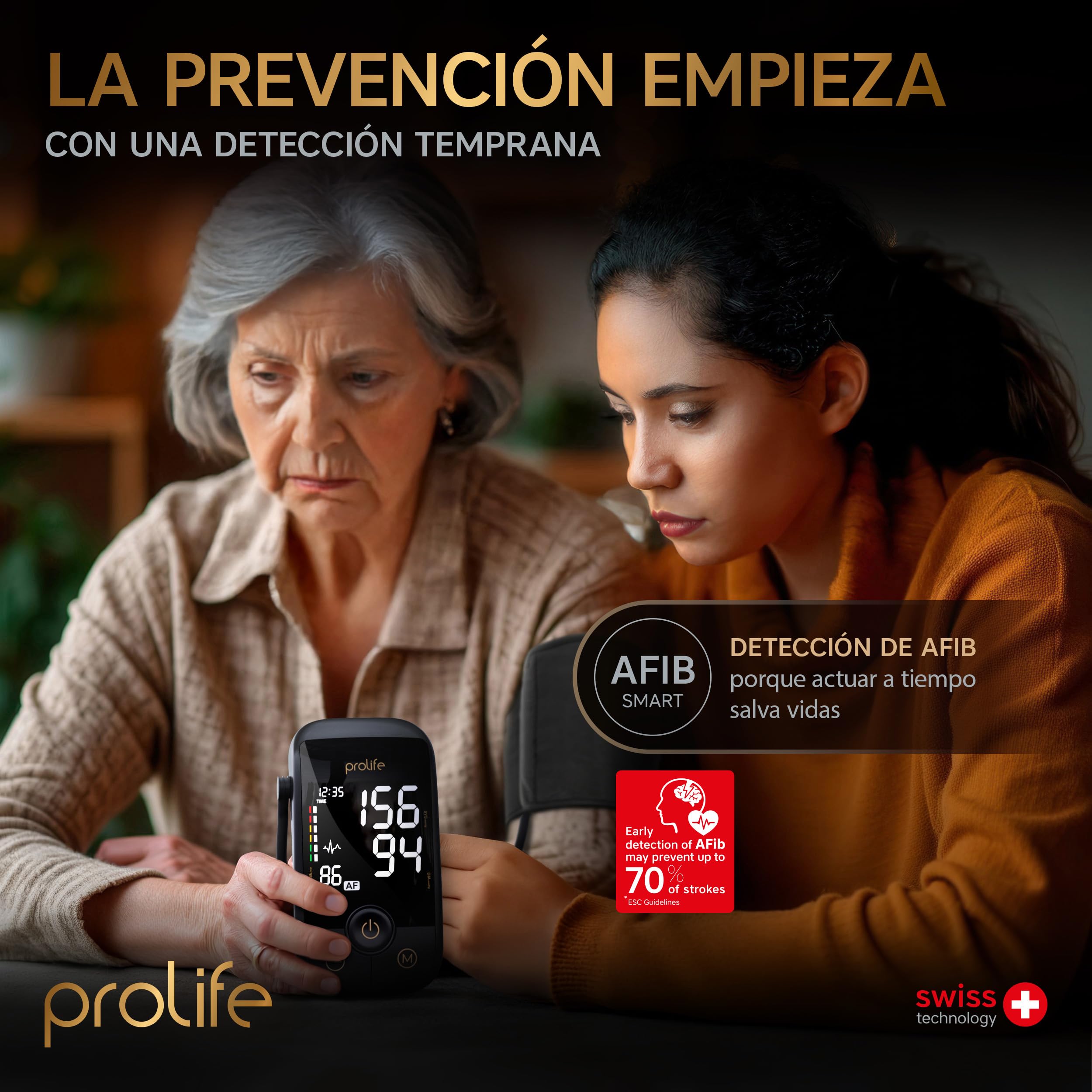 Prolife PA5 Comfort AF – Tensiómetro de Brazo Digital con Detección AFib Smart, Medidor de Tensión Arterial Preciso con Manguito Universal y Adaptador