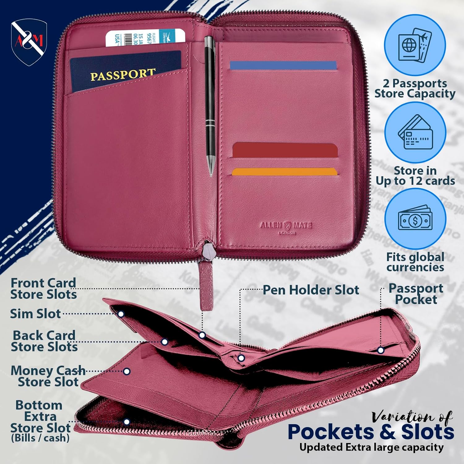 ALLEN & MATE RFID Blocking 100% Leather Passport Holder for Women & Men - Travel Document Organizer with Credit Card & SIM Slot, Slim Genuine Leather Wallet for Travel Essentials, Maroon - Image 4