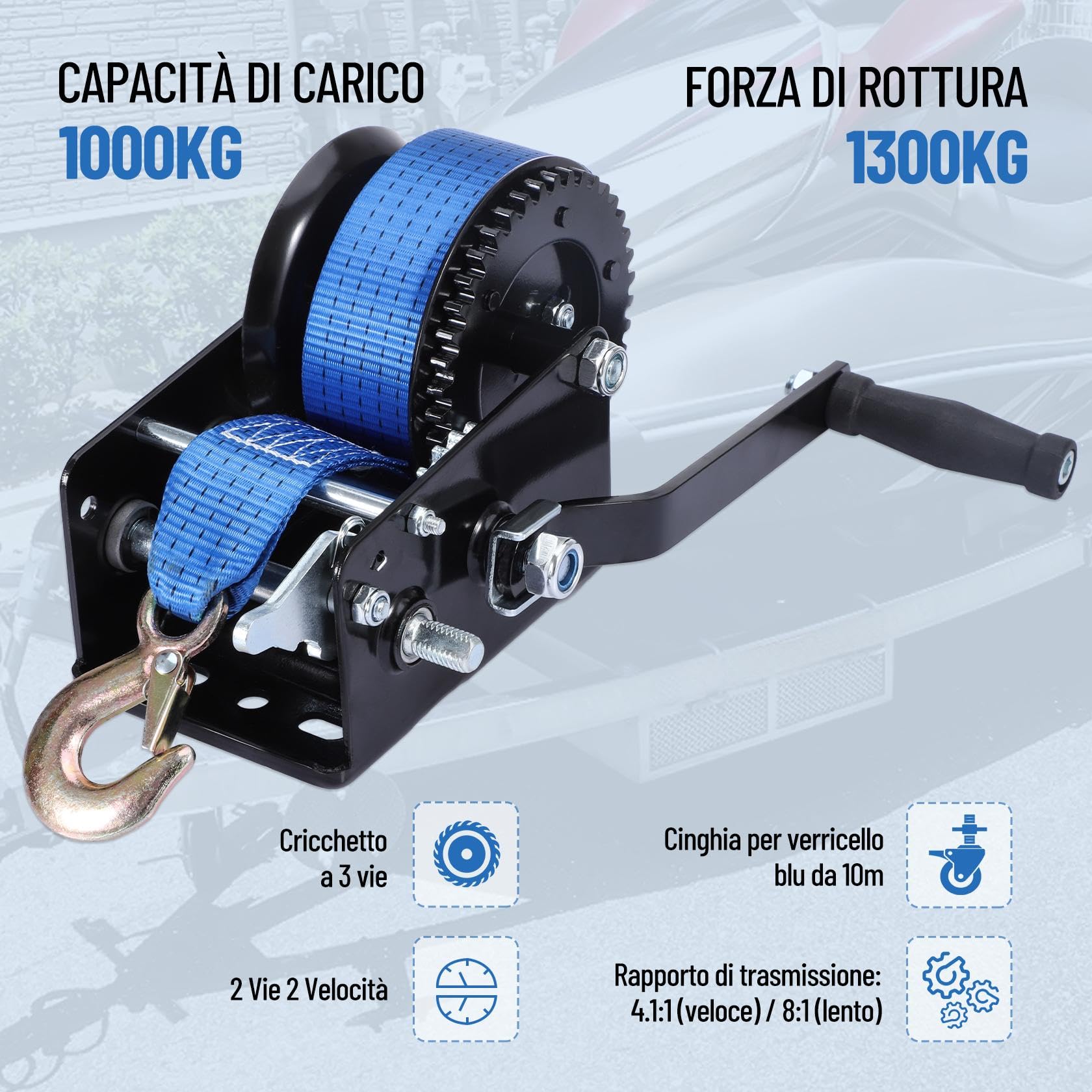 Pindex Verricello Manuale con Cinghia 10 M, Argano a Mano 1000 Kg con Cinghia, Verricello per Barca, Verricello a Mano con Blocco di Ritorno per Officina, Garage, Rimorchi, Dinghi, Legno