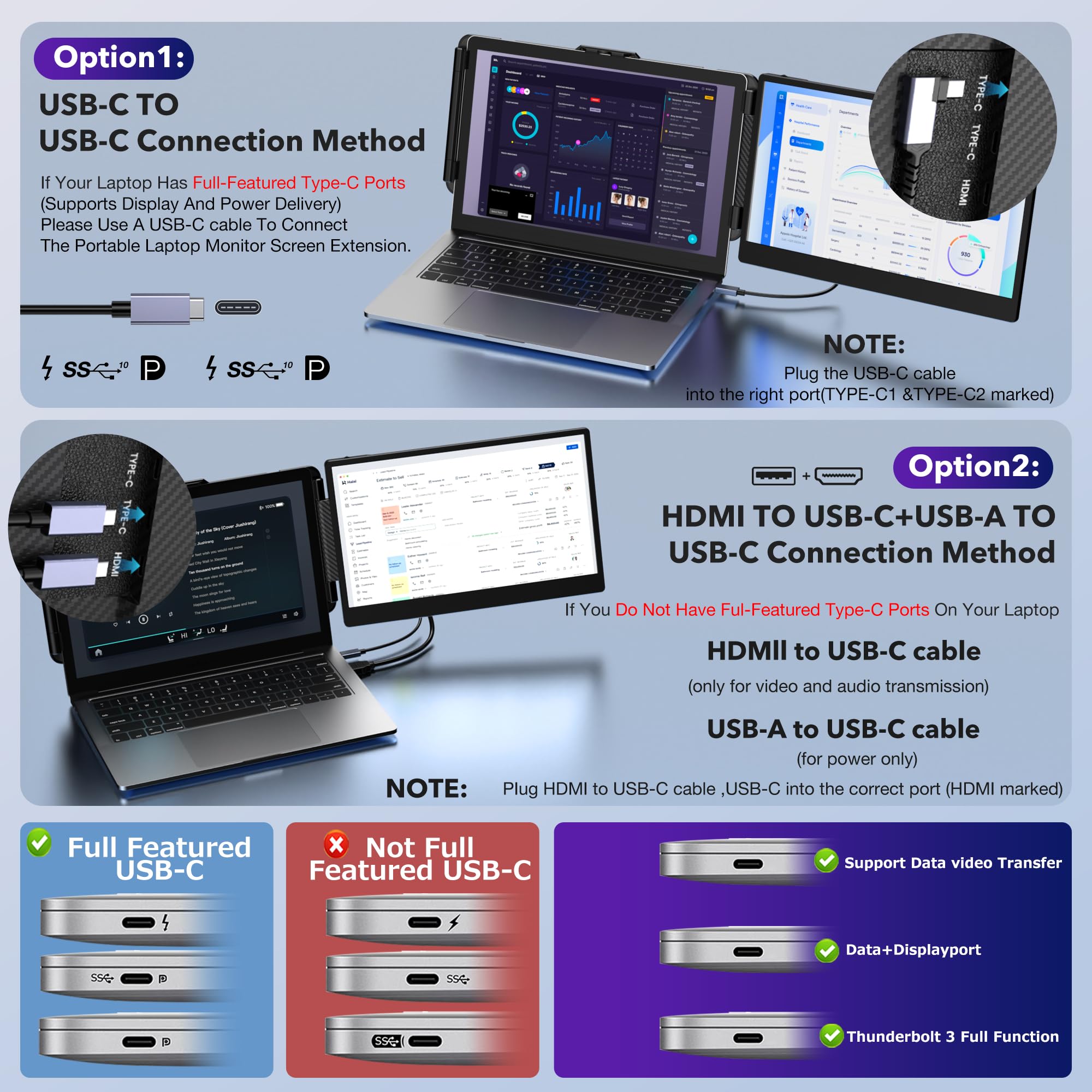 Kwumsy Monitor Portatile per Laptop-14 Pollici Doppio Monitor Per Portatile, FHD 1080P IPS Schermo Portatile Compatibile per Wins/Chrome/Mac,Doppio Estensione Schermo Per Laptop Per 13''-17''Laptop